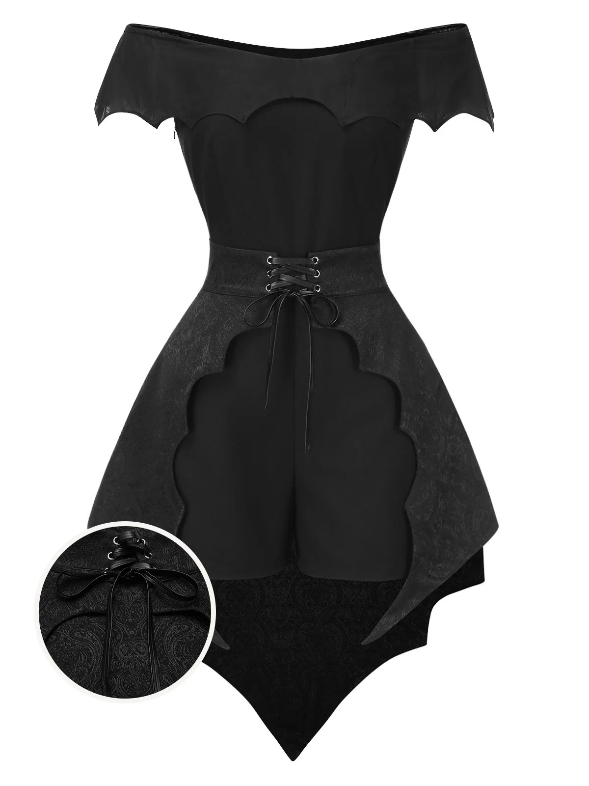 2PCS Black 1950s Gothic Bat Romper & High-Low Cover-Up - Image 3