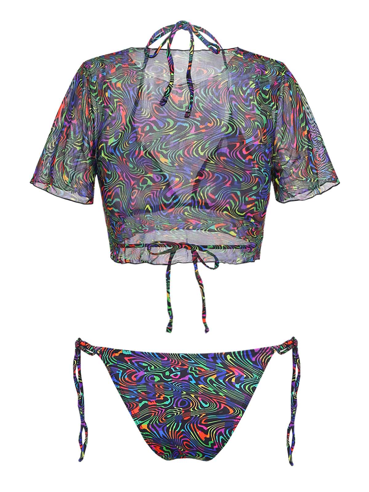 2PCS Black 1960s Camo Bikini Set & Mesh Crop Cover-Up - Image 2