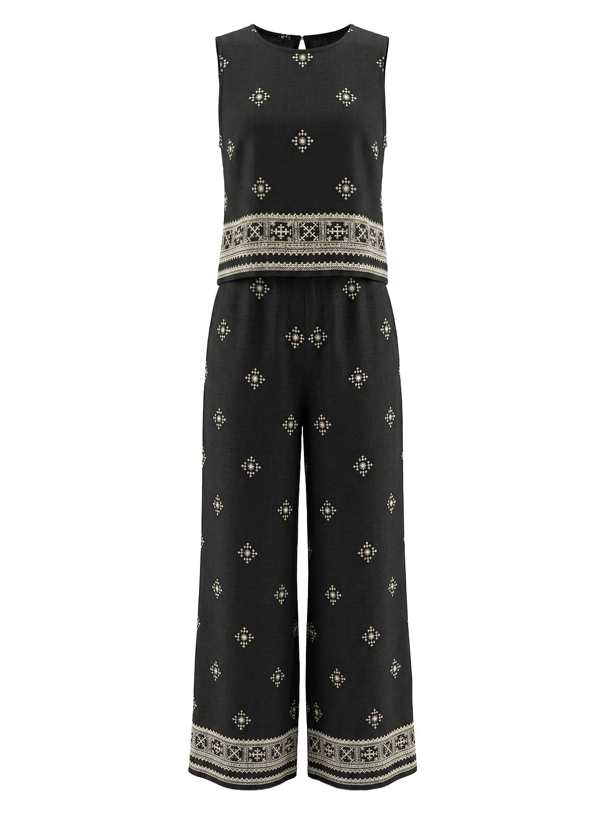 2PCS Black 1970s Round Neck Bohemian Top & Pants - Image 2