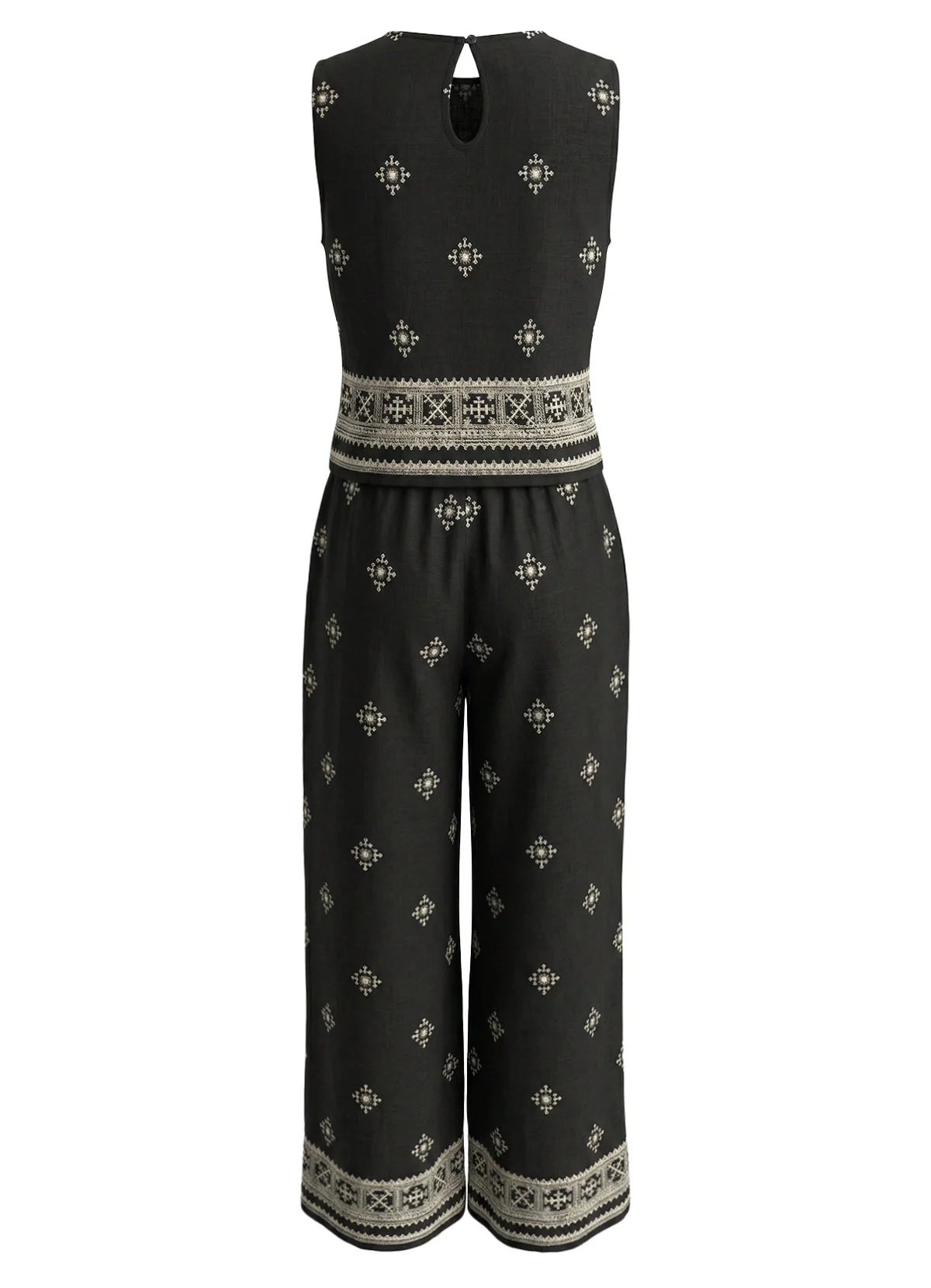 2PCS Black 1970s Round Neck Bohemian Top & Pants - Image 3