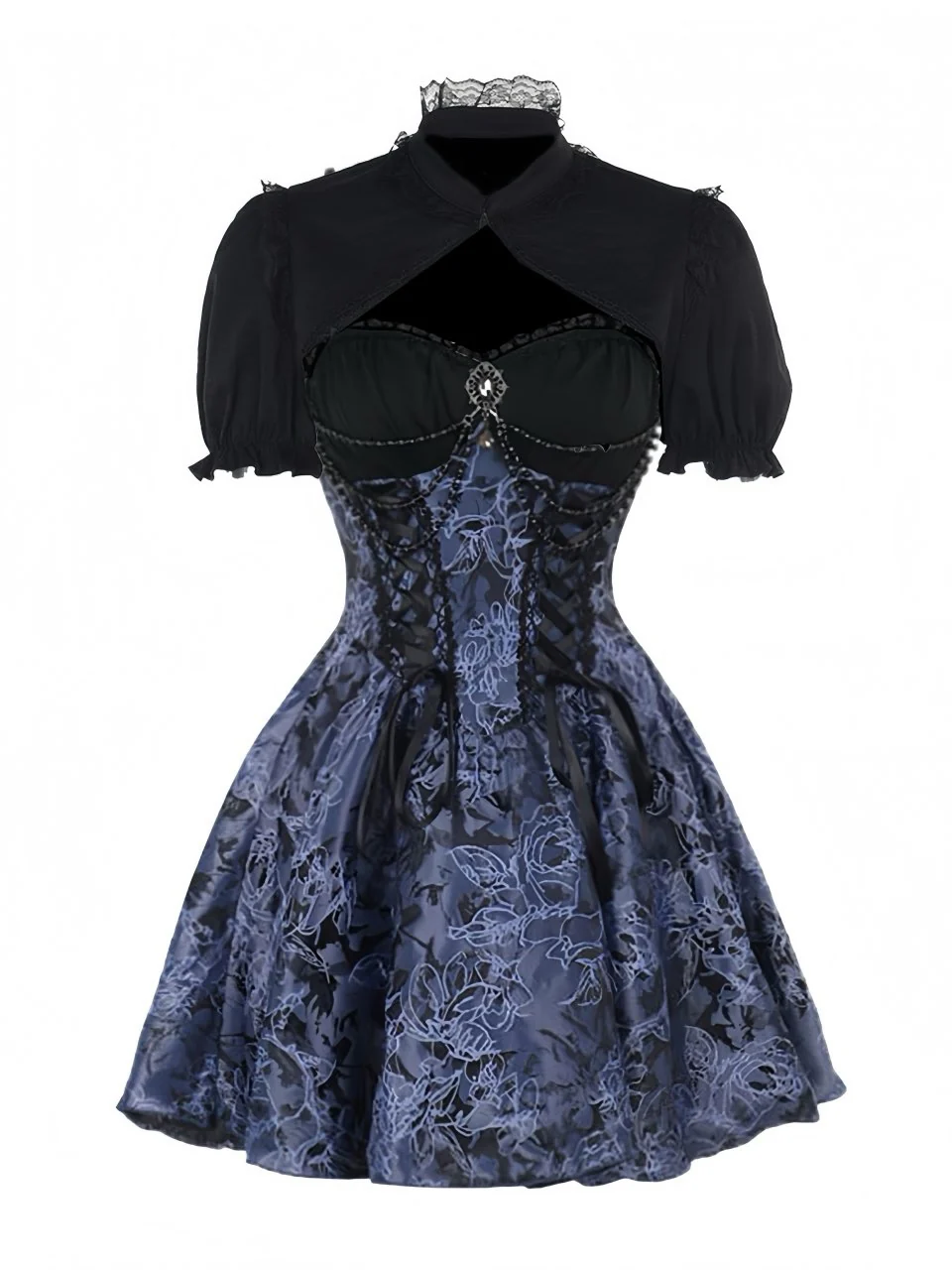2PCS Black & Blue 1980s Gothic Cape Cardigan & Floral Embroidered Dress
