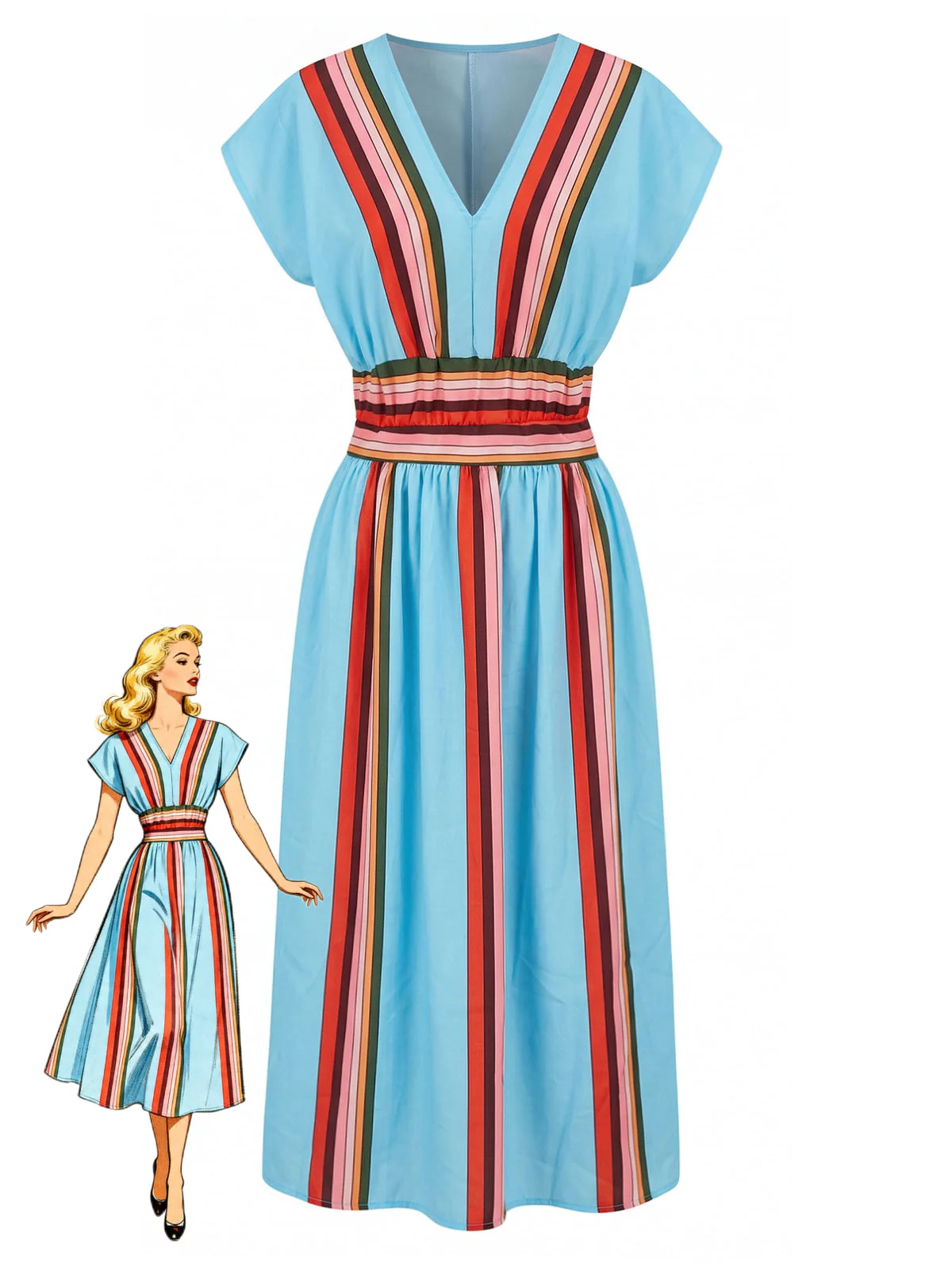 2PCS Blue 1940s Stripe V-Neck Top & Skirt