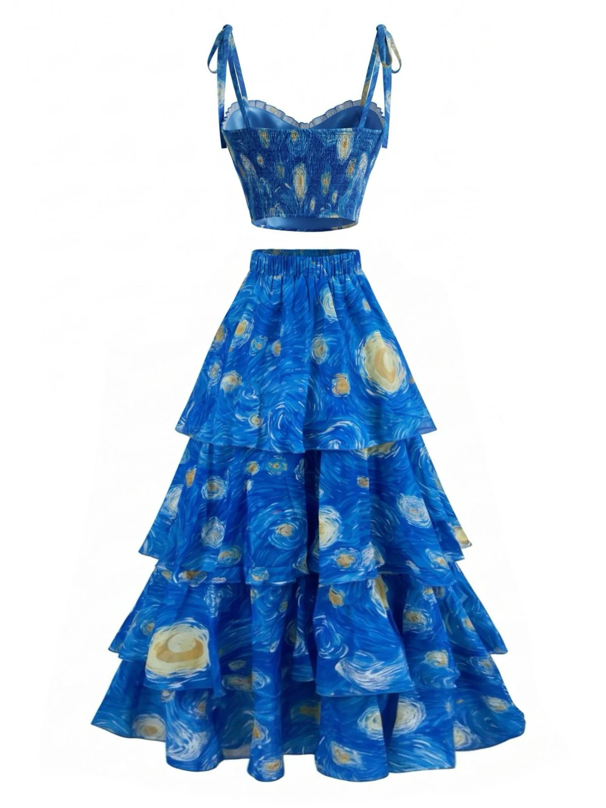 2PCS Blue 1950s Abstract Print Strap Top & Skirt - Image 3