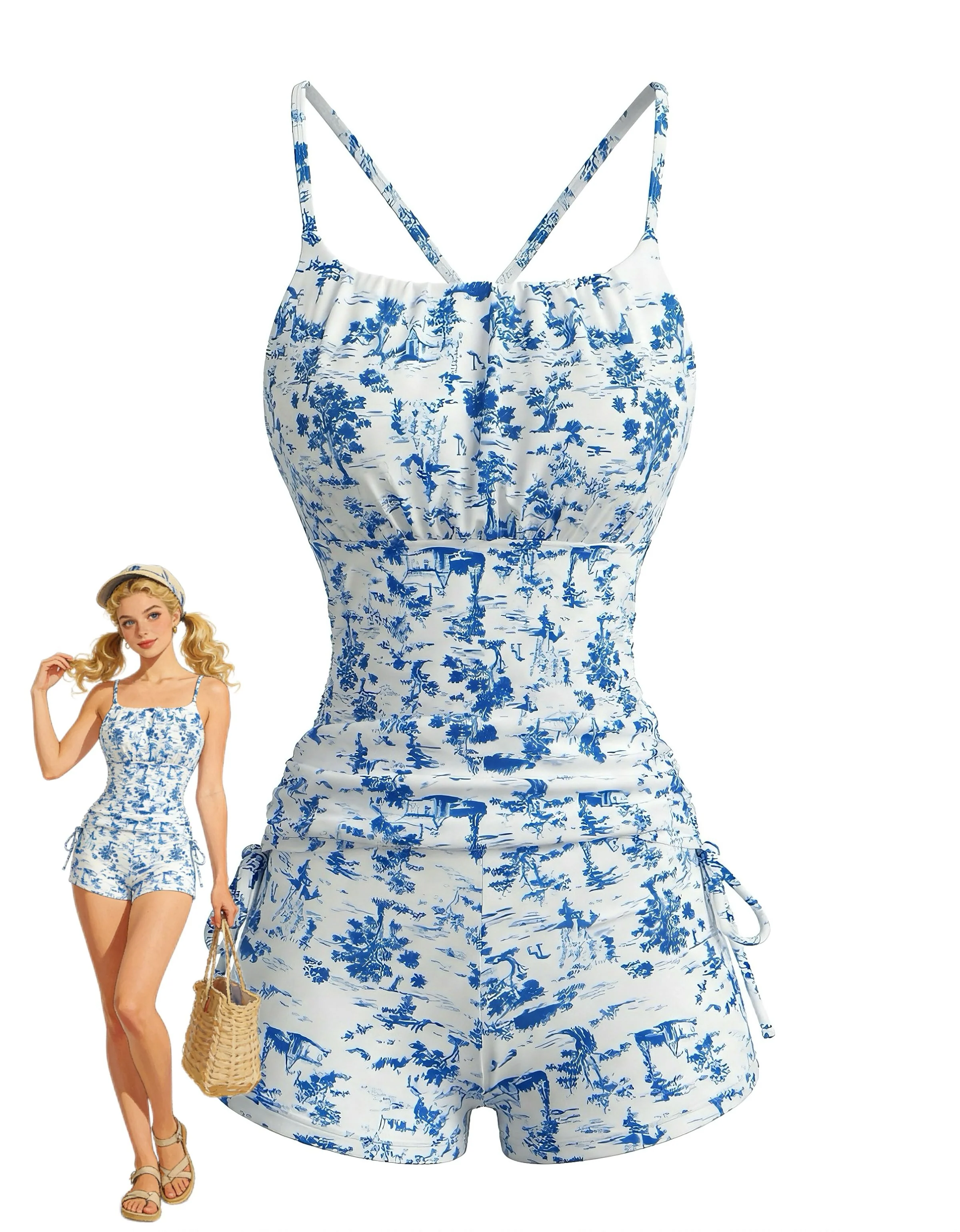 2PCS Blue 1950s Floral Pleated Tankini & High-Waist Shorts - Image 2