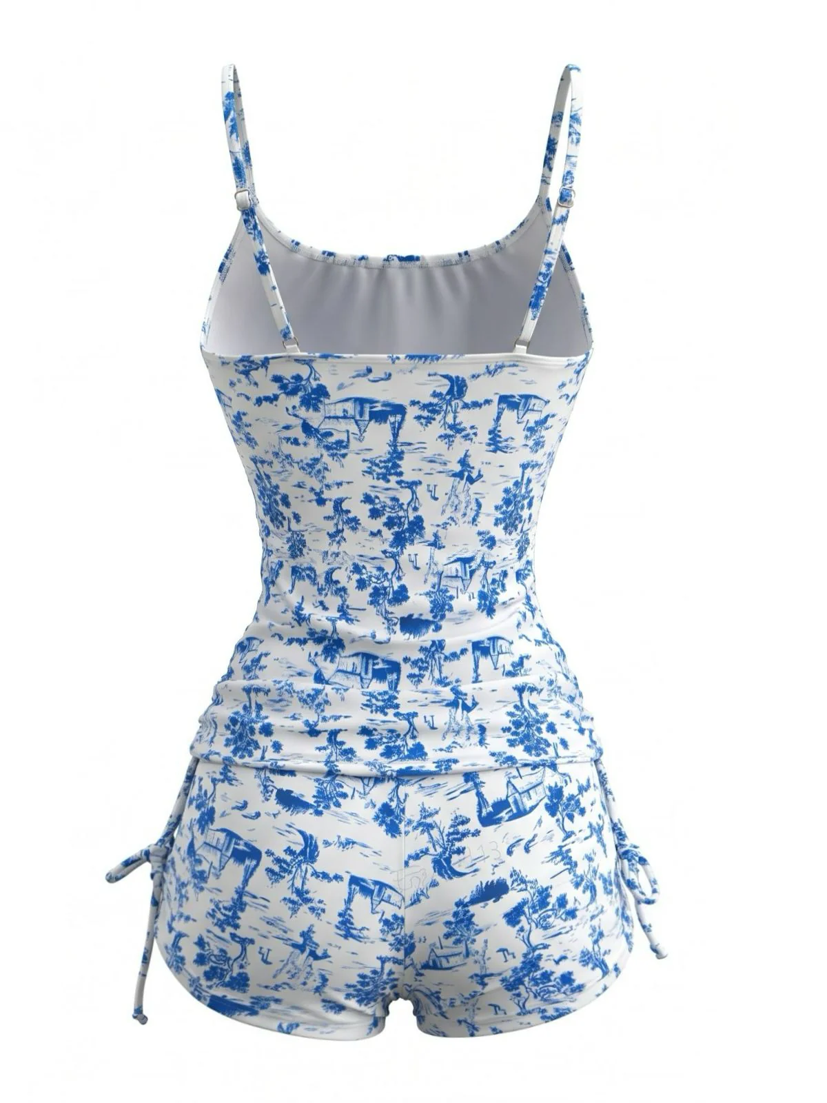 2PCS Blue 1950s Floral Pleated Tankini & High-Waist Shorts - Image 3