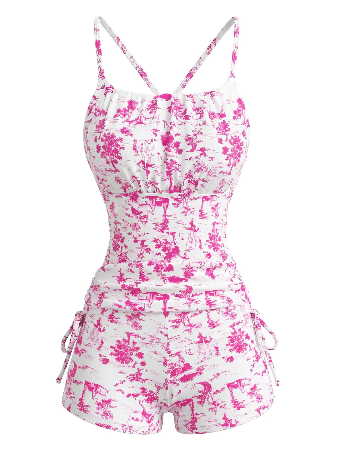 2PCS Blue 1950s Floral Pleated Tankini & High-Waist Shorts - Image 6