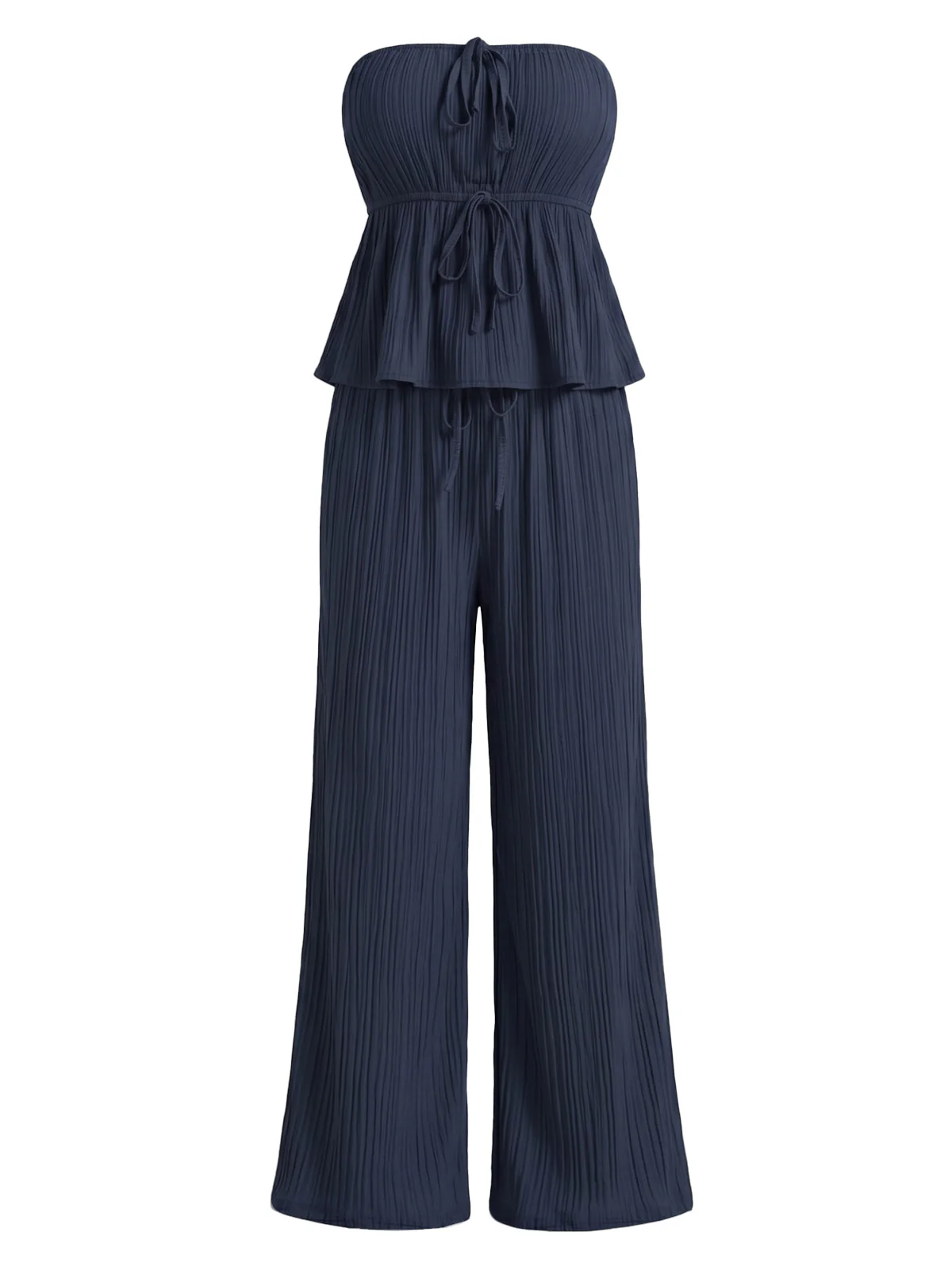 2PCS Blue 1950s Strapless Textured Ruffled Top & Pants - Image 2