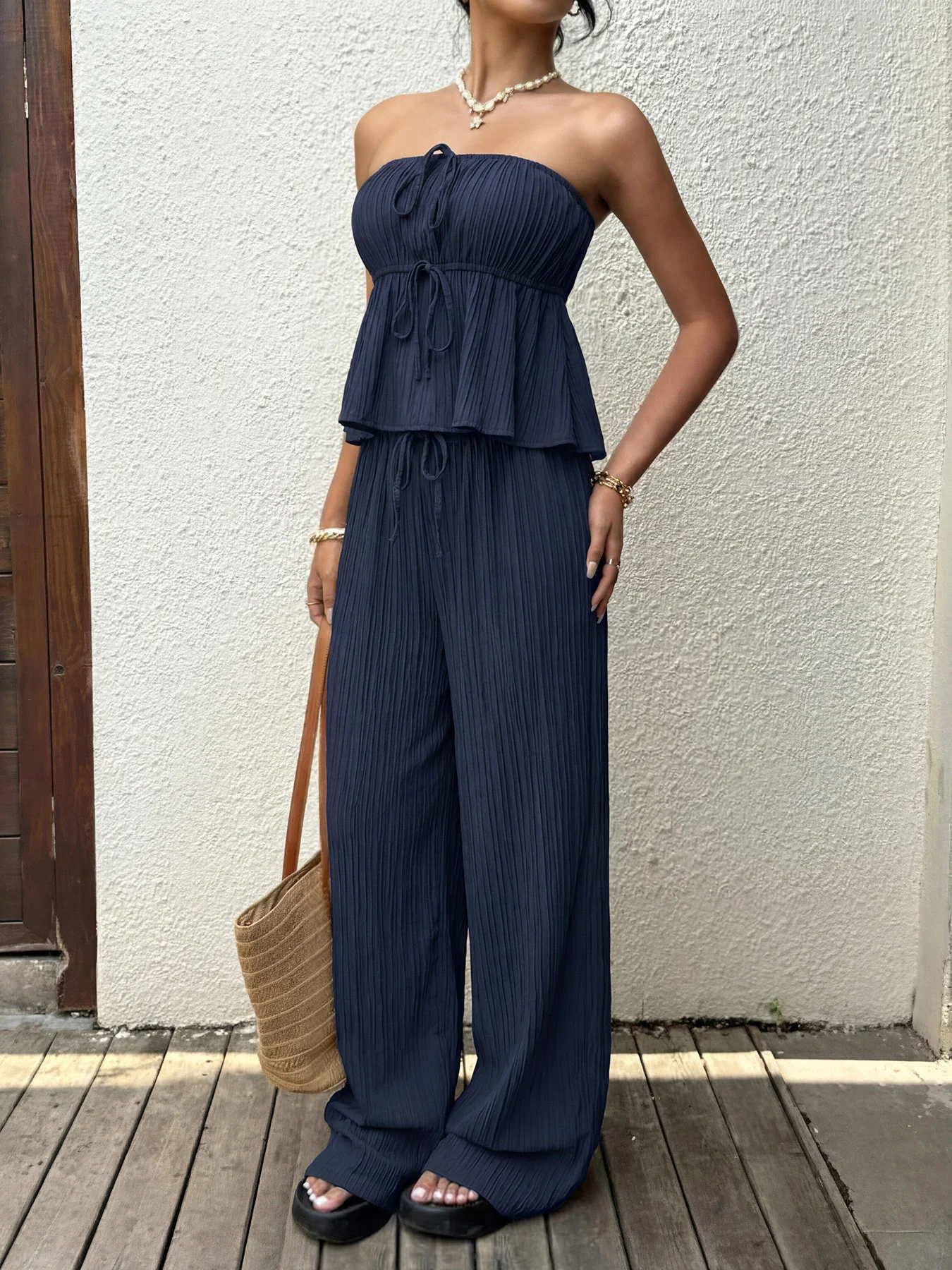 2PCS Blue 1950s Strapless Textured Ruffled Top & Pants - Image 3
