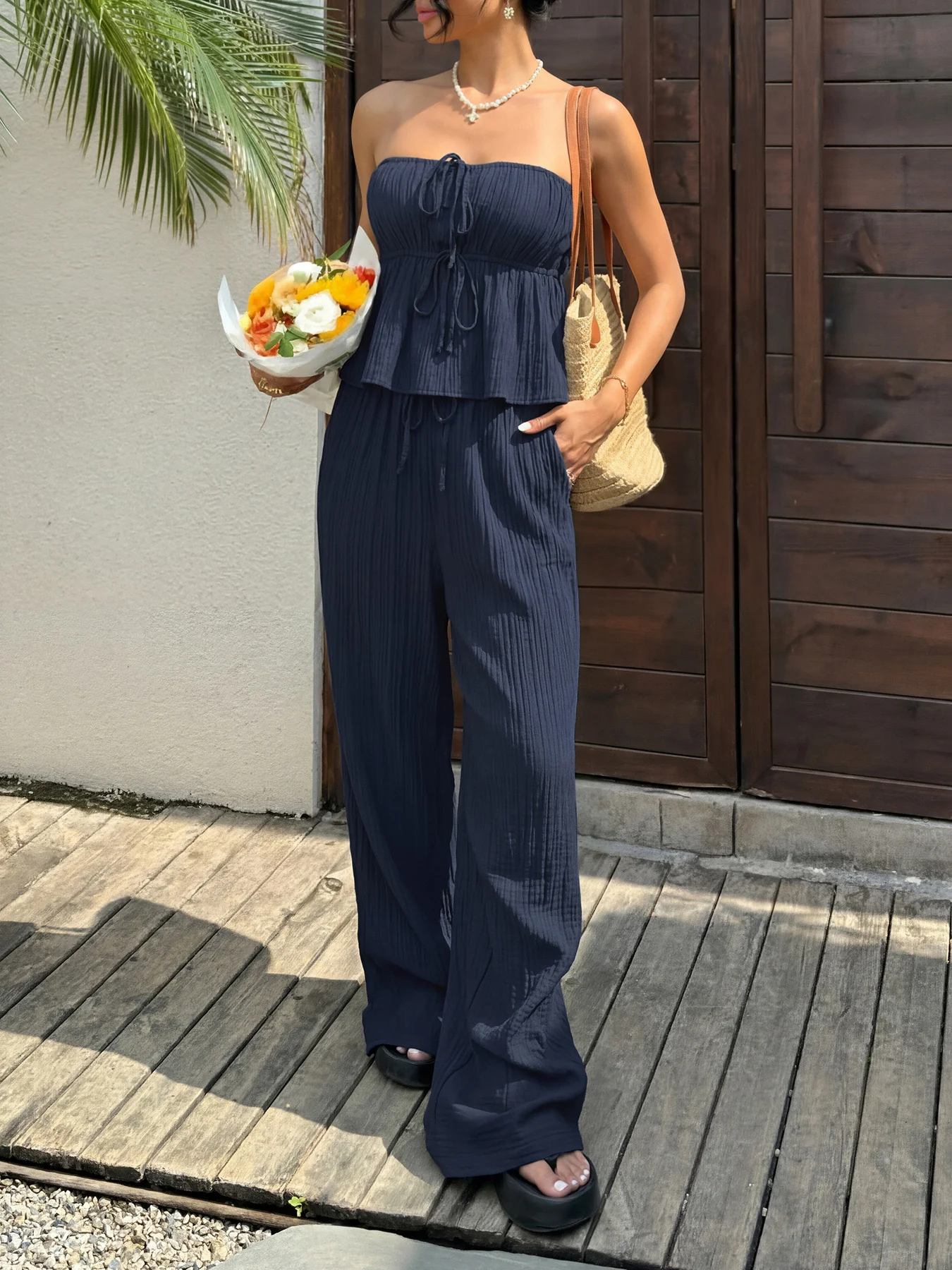 2PCS Blue 1950s Strapless Textured Ruffled Top & Pants - Image 4