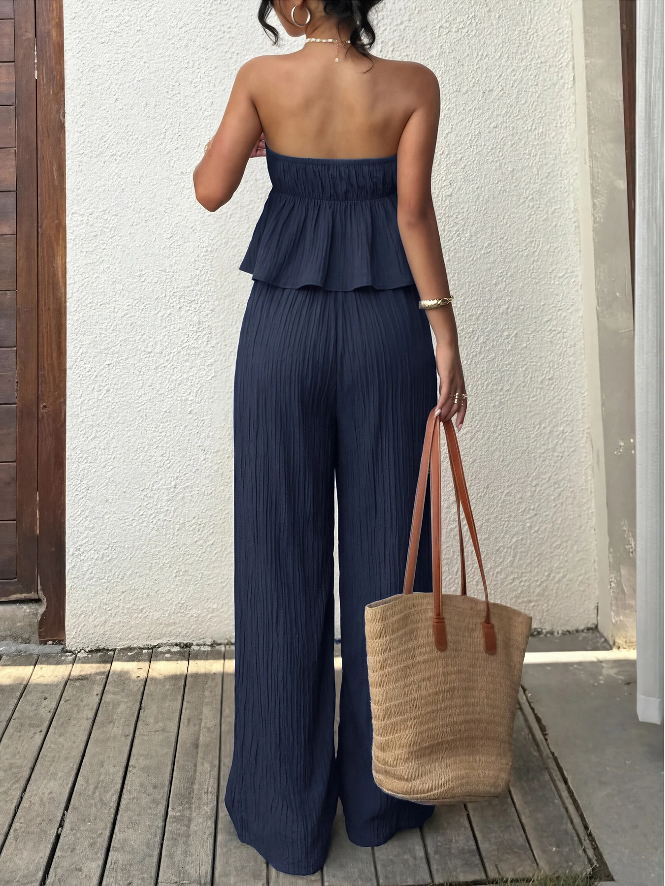 2PCS Blue 1950s Strapless Textured Ruffled Top & Pants - Image 5