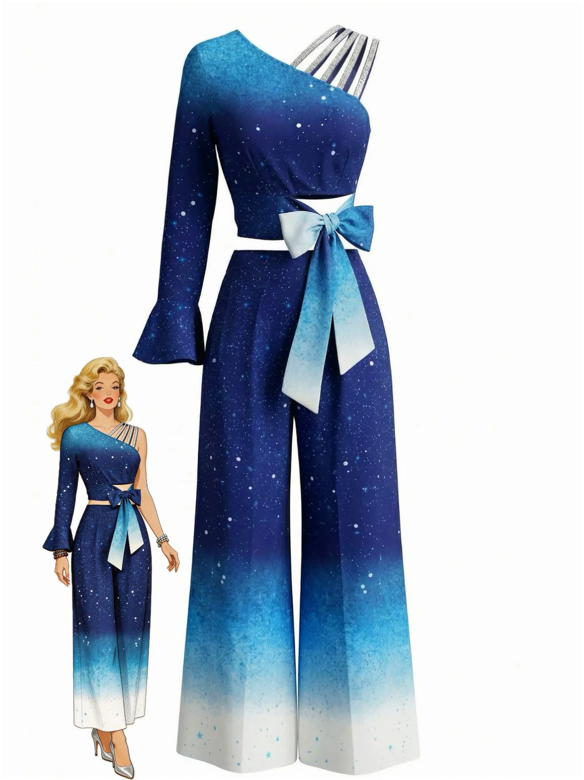 2PCS Blue 1970s Gradient Glitter Top & Pants Set