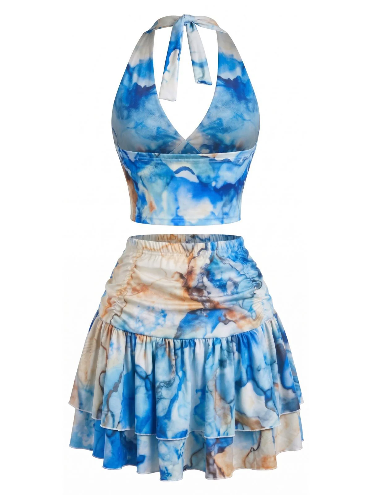 2PCS Blue 1970s Halter Ruched Marble Print Top & Skirt - Image 3