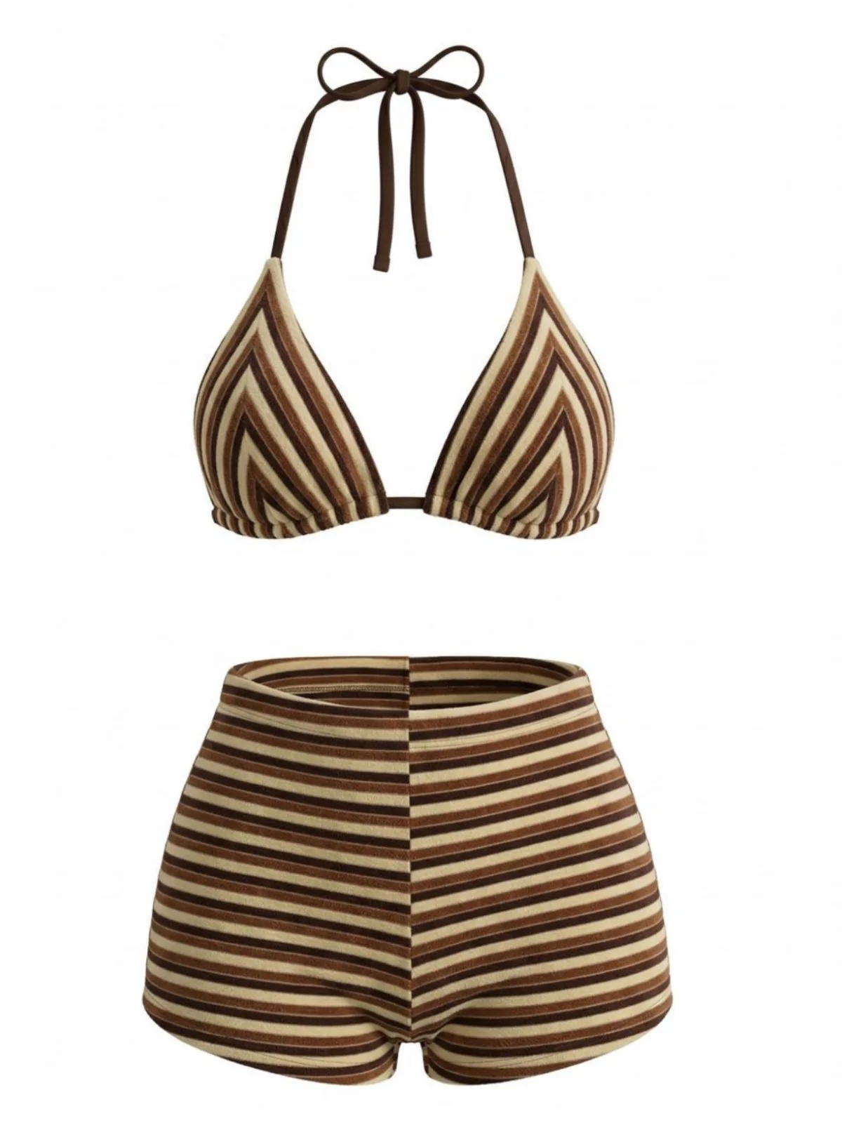 2PCS Brown 1950s Striped Terry Halter Bikini & Shorts - Image 3