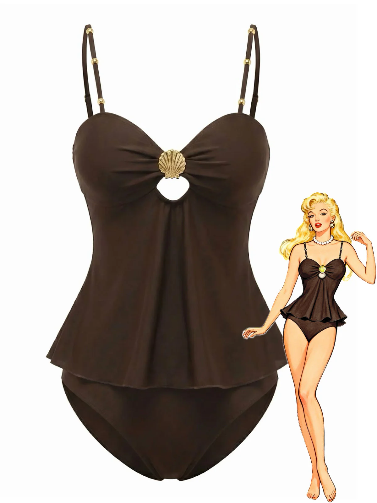 2PCS Dark Brown 1950s Solid Shell Tankini Set