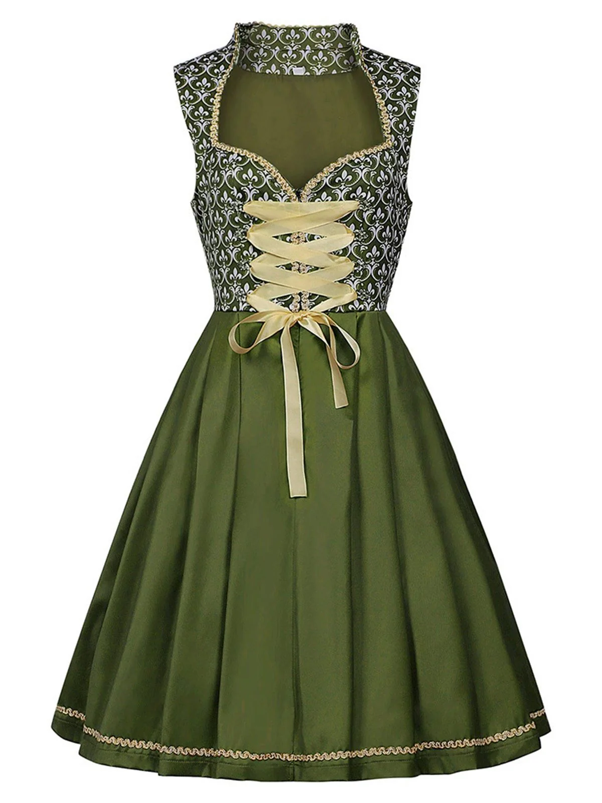 2PCS Green 1950s Ribbon Floral Dress & Embroidered Apron - Image 2