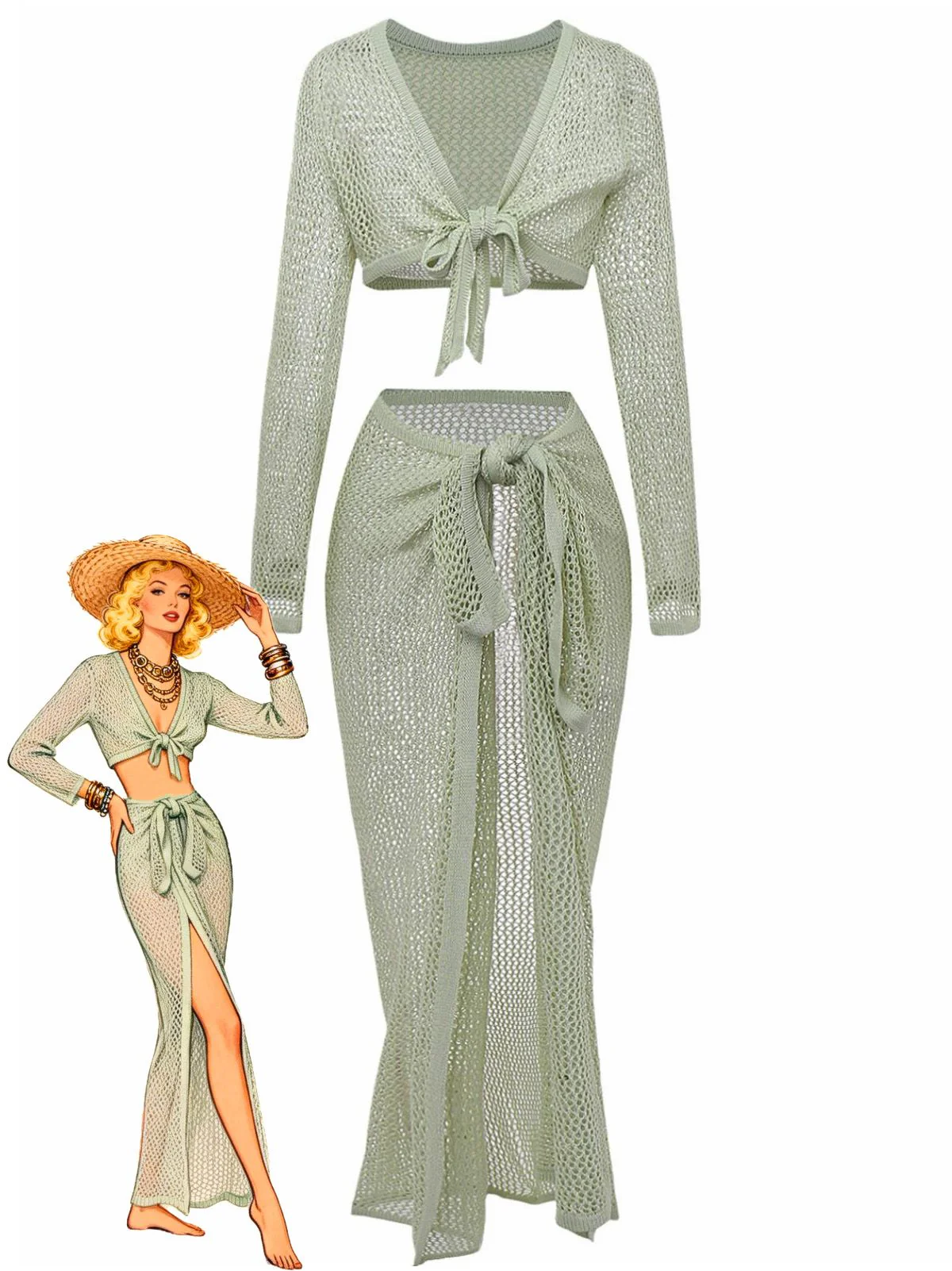 2PCS Green 1960s Crochet Long Sleeve Beach Cover-Up Set