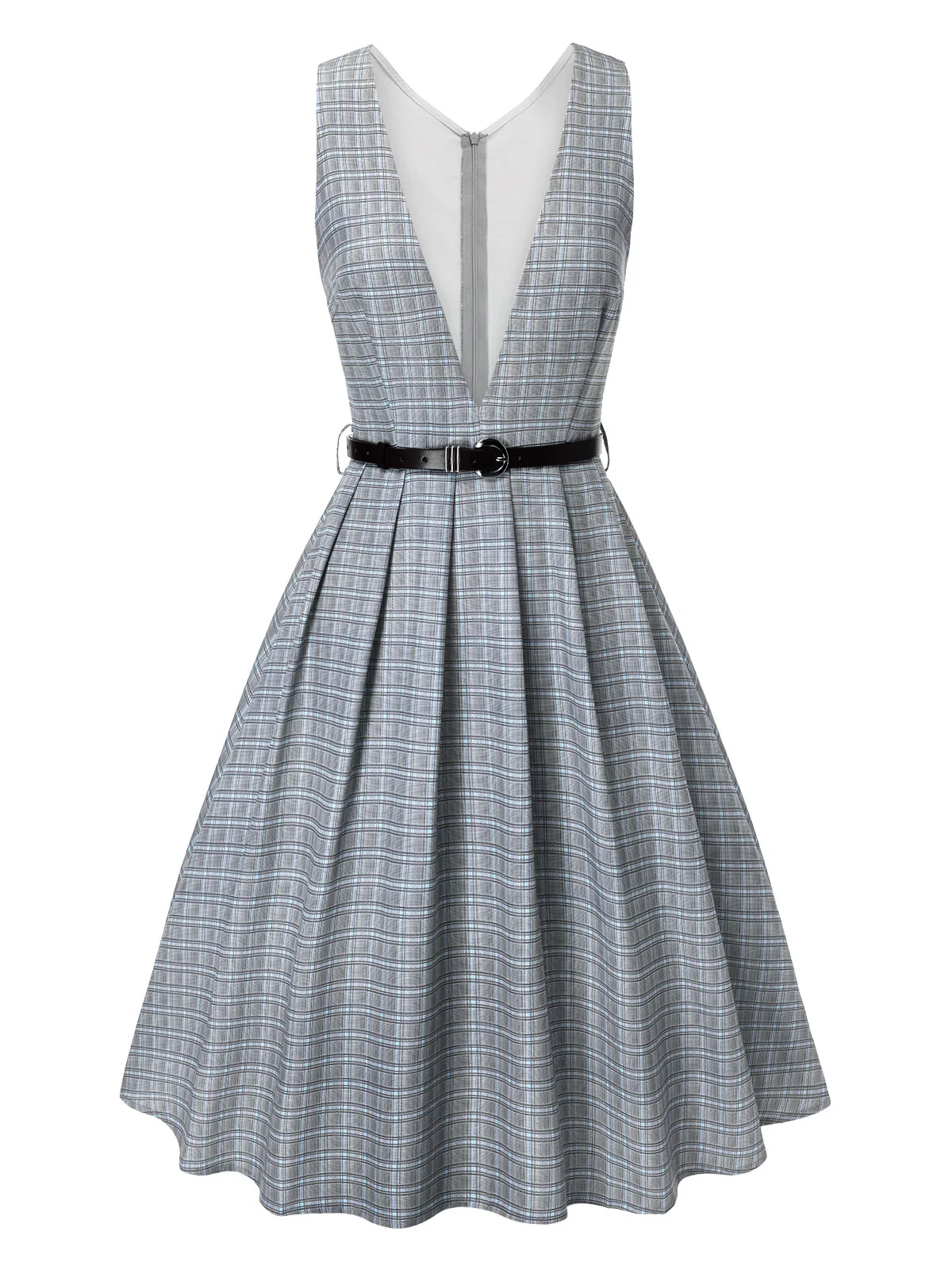 2PCS Grey 1940s V-Neck Plaid Dress & Satin Blouse - Image 19
