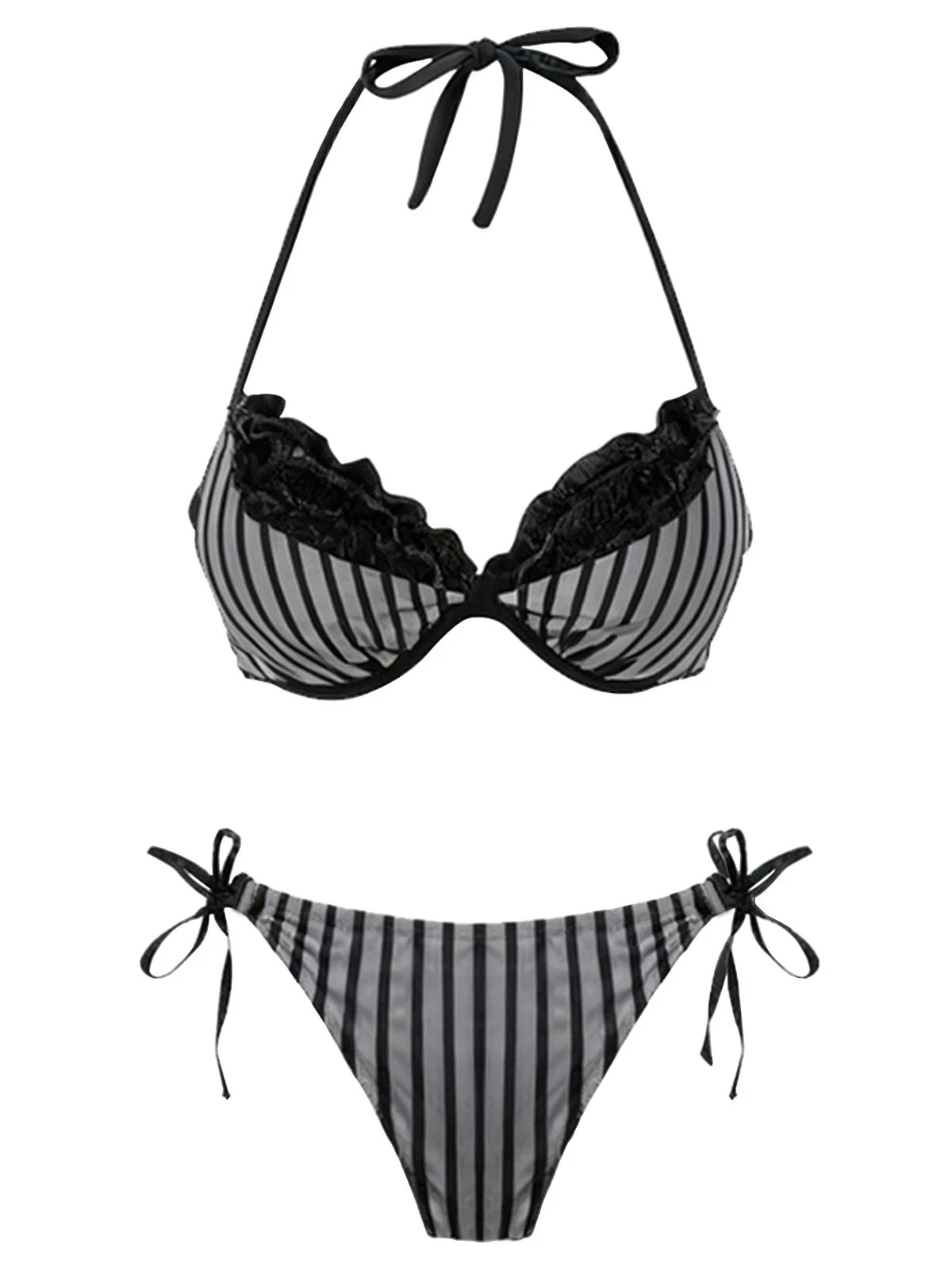 2PCS Grey 1960s Striped Halter Bikini Set & Tiered Cover-Up - Image 7