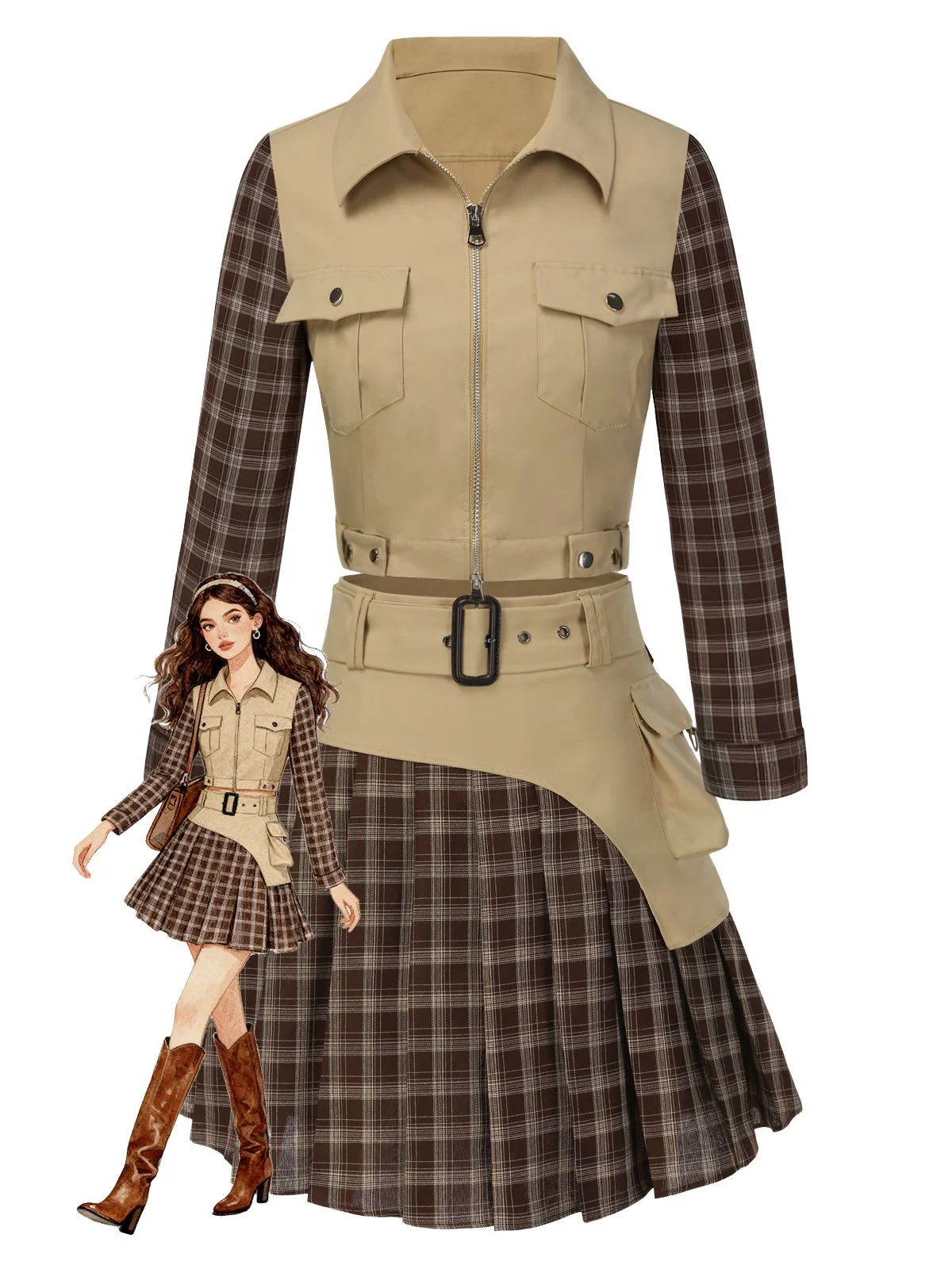 2PCS Khaki & Brown 1960s Plaid Patchwork Jacket & Pleated Skirt