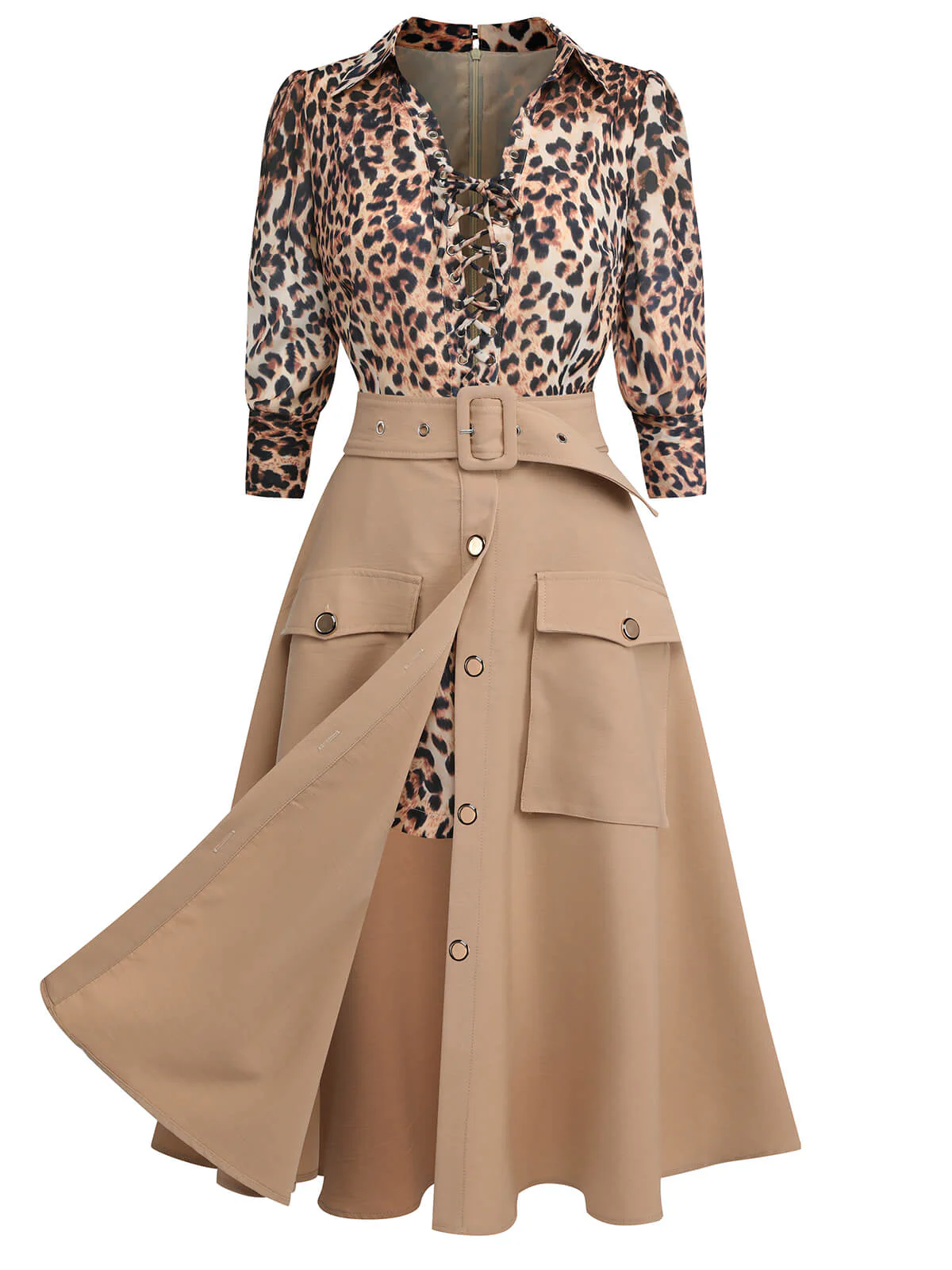2PCS 1950s Leopard Lapel Romper & Khaki Skirt - Image 3