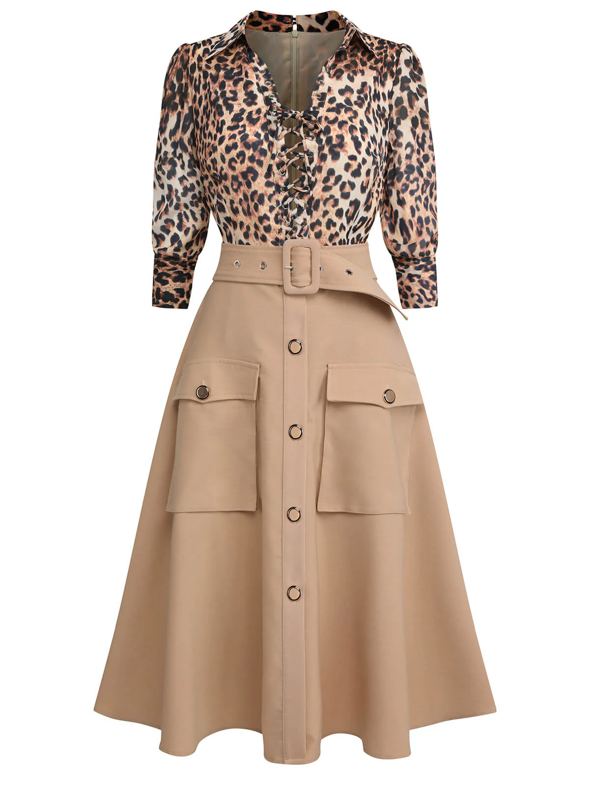 2PCS 1950s Leopard Lapel Romper & Khaki Skirt - Image 4