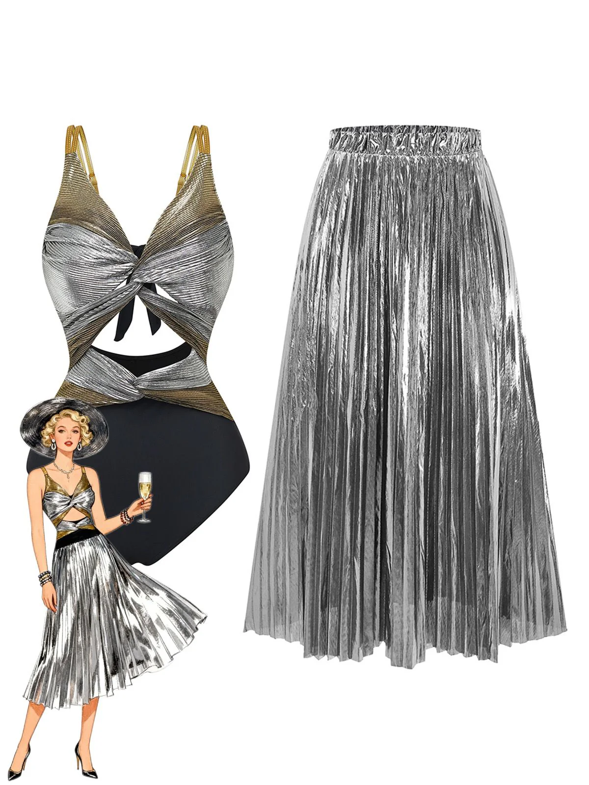 2PCS Metallic 1980s Pleated Cut-Out Swimsuit & Cover-Up