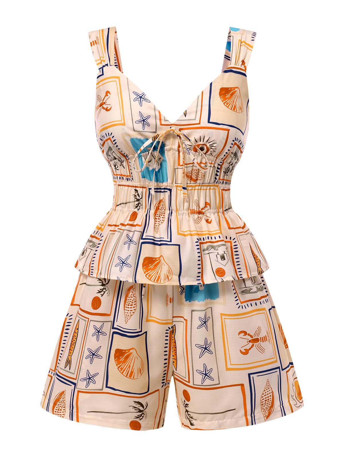 2PCS Multicolor 1940s Marine Life Prints Top & Shorts
