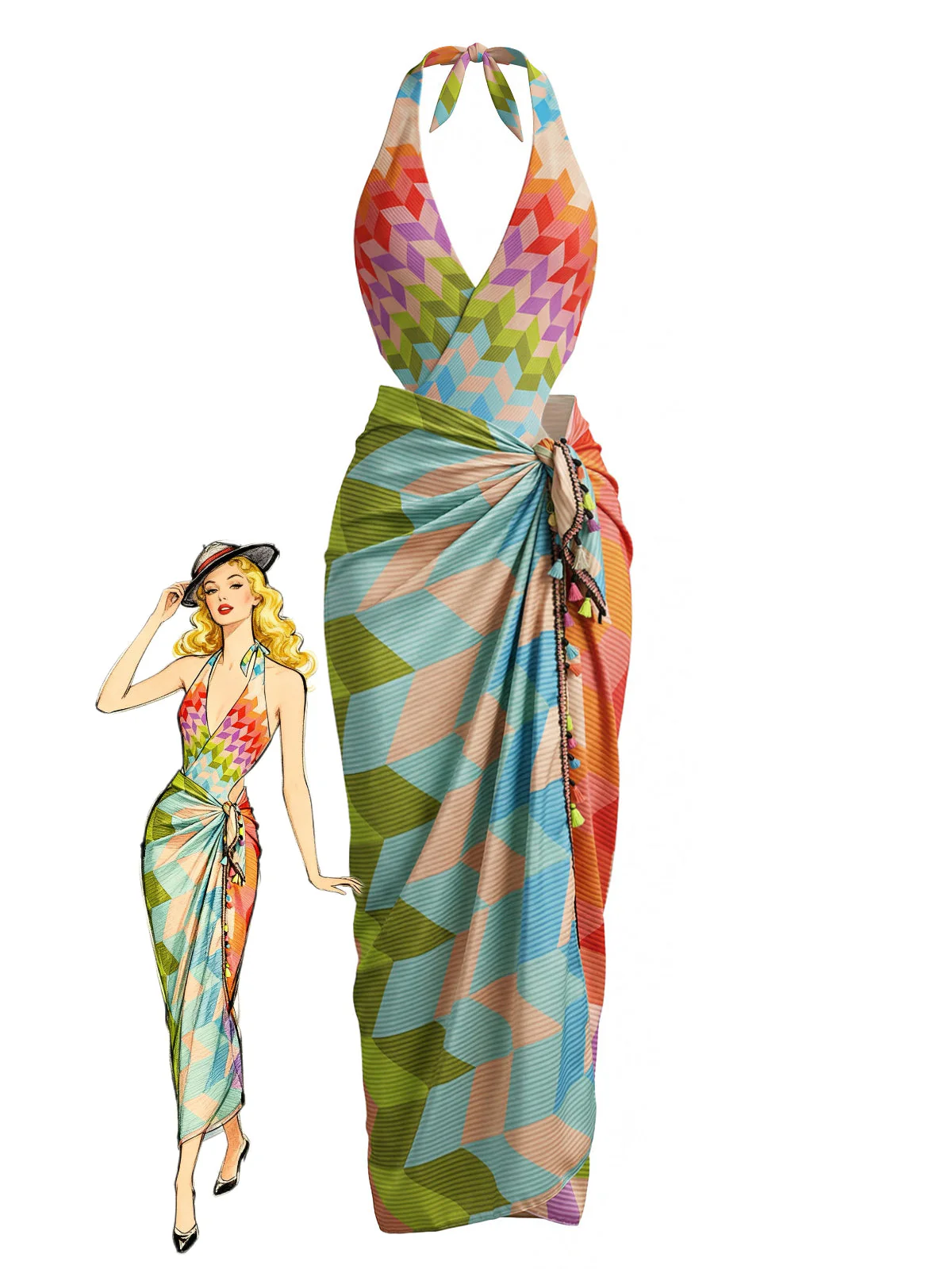 2PCS Multicolor 1970s Geometric Halter Boho Swimsuit & Cover-Up