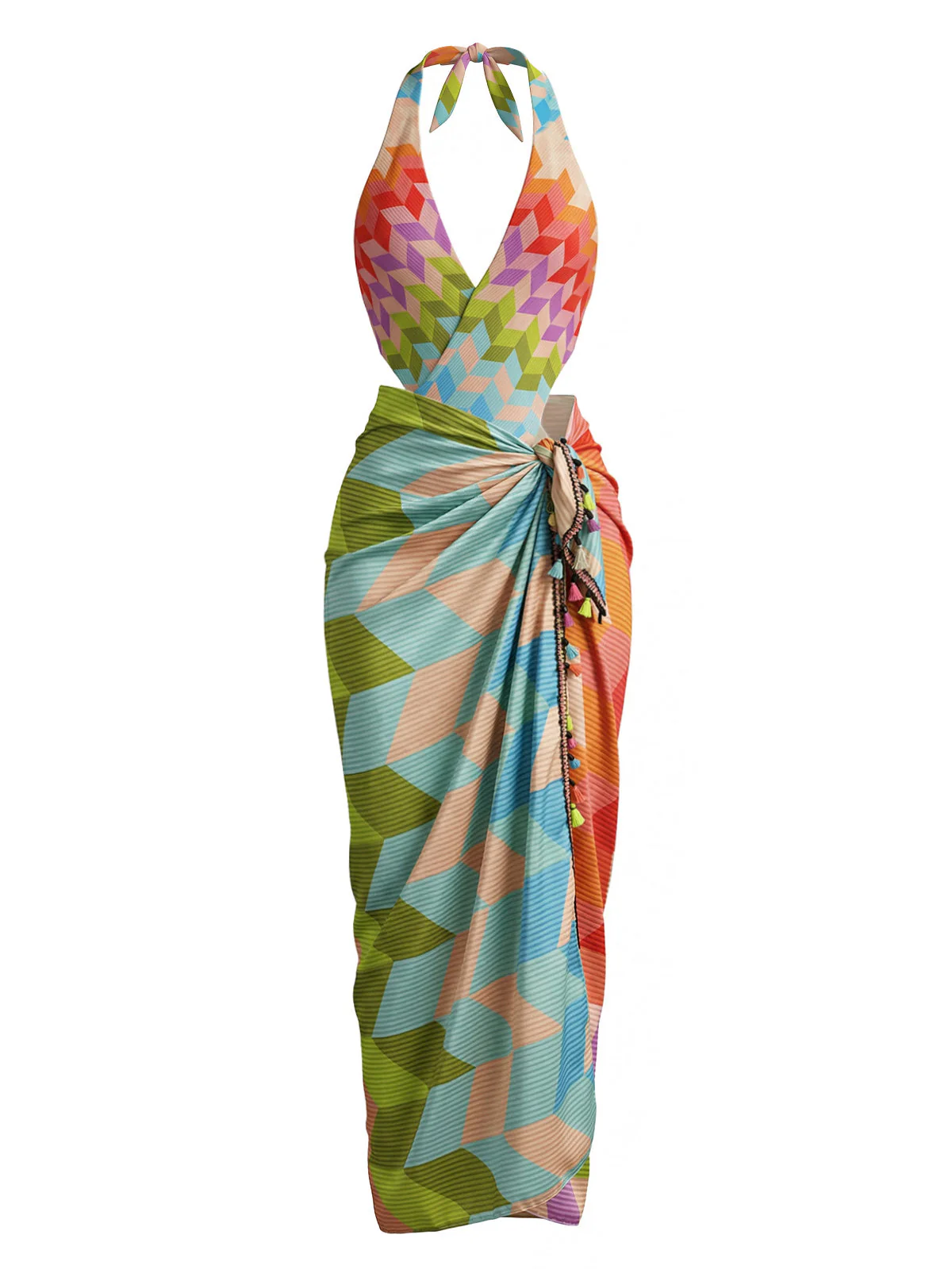 2PCS Multicolor 1970s Geometric Halter Boho Swimsuit & Cover-Up - Image 2