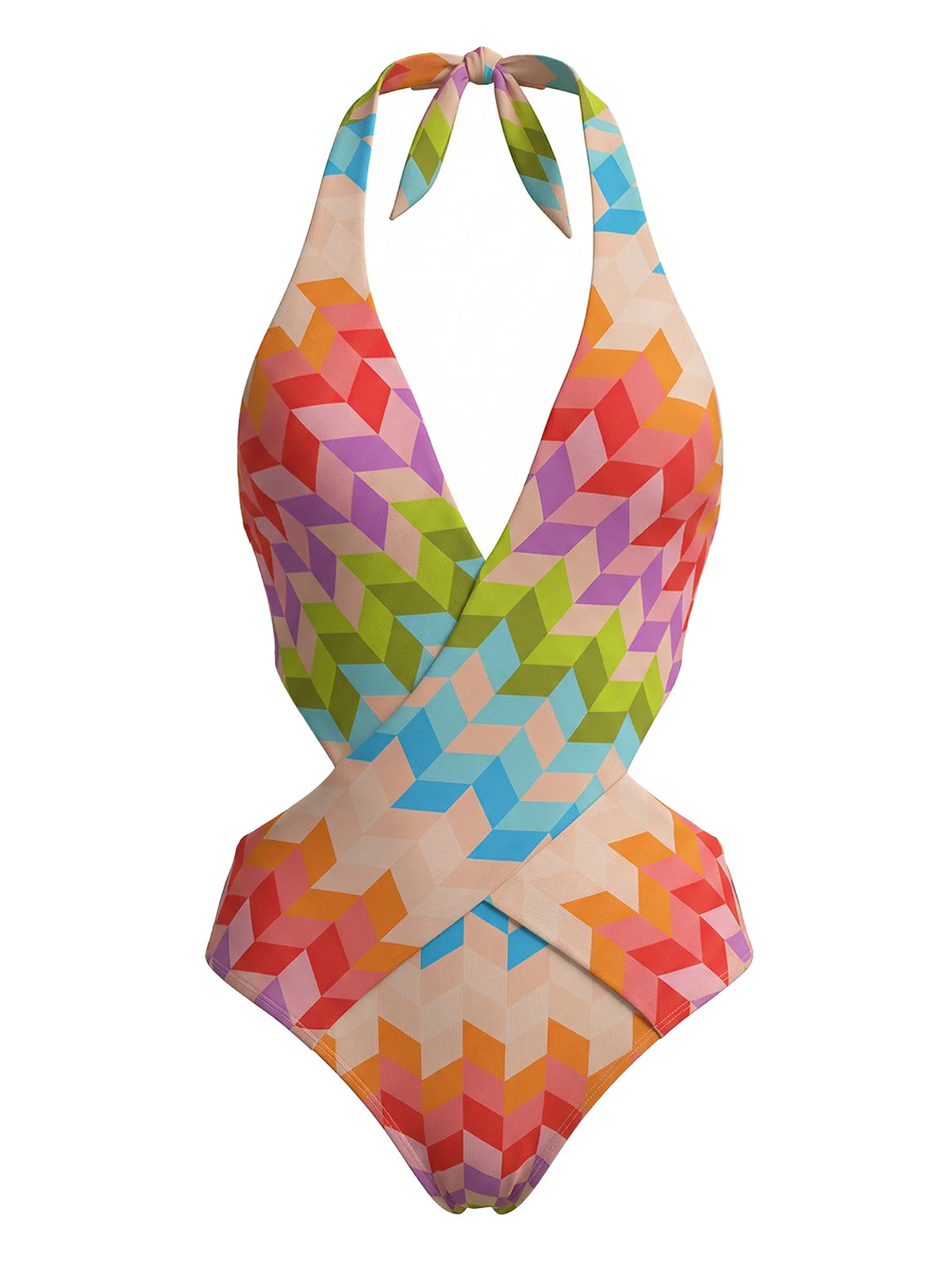 2PCS Multicolor 1970s Geometric Halter Boho Swimsuit & Cover-Up - Image 3