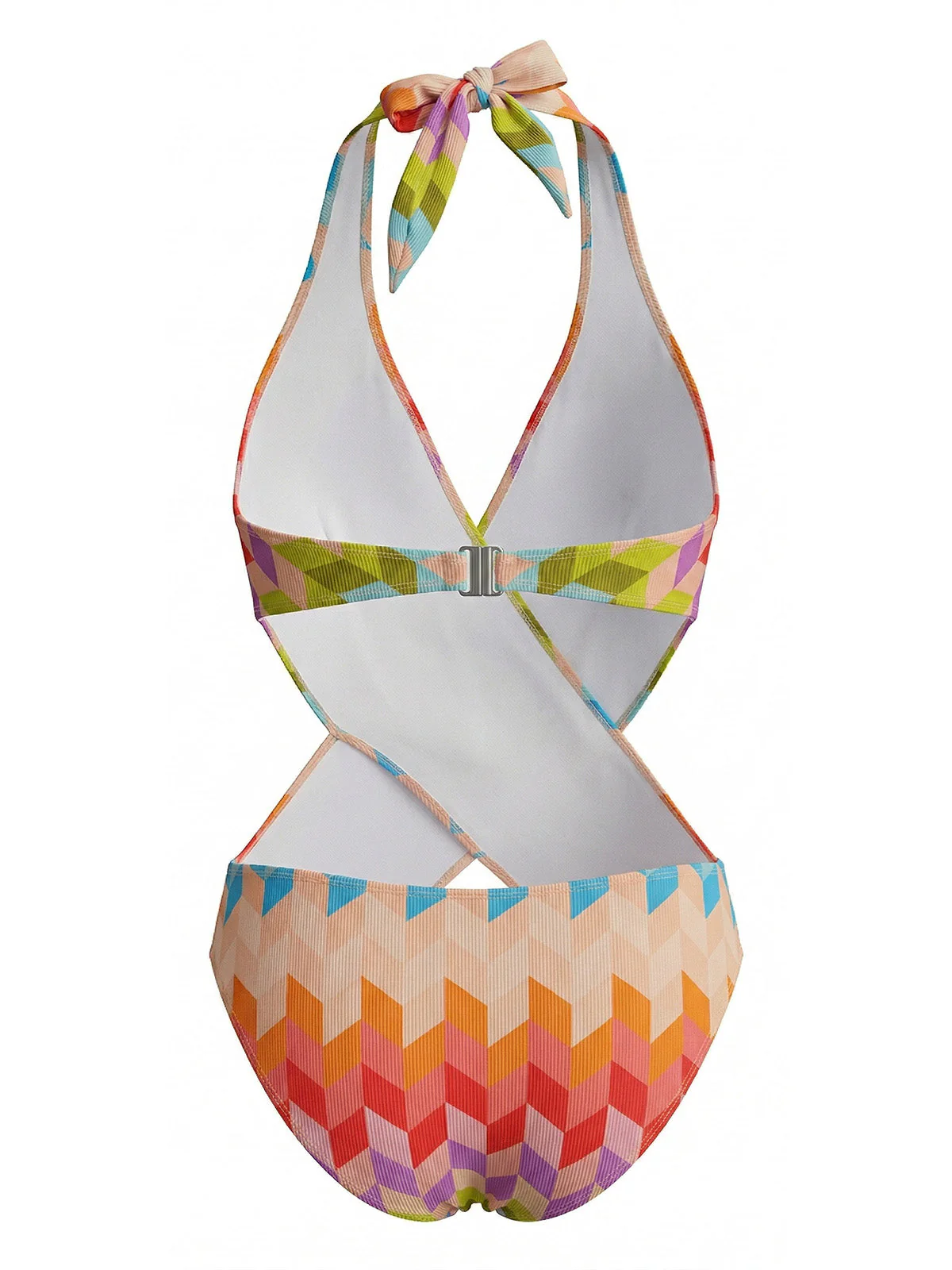2PCS Multicolor 1970s Geometric Halter Boho Swimsuit & Cover-Up - Image 4