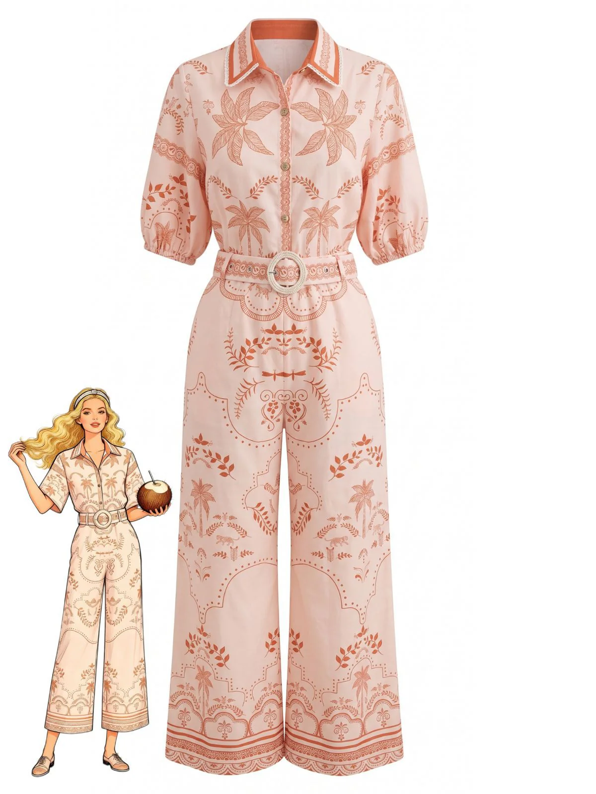 2PCS Orange 1930s Tropical Blouse & Belted Pants