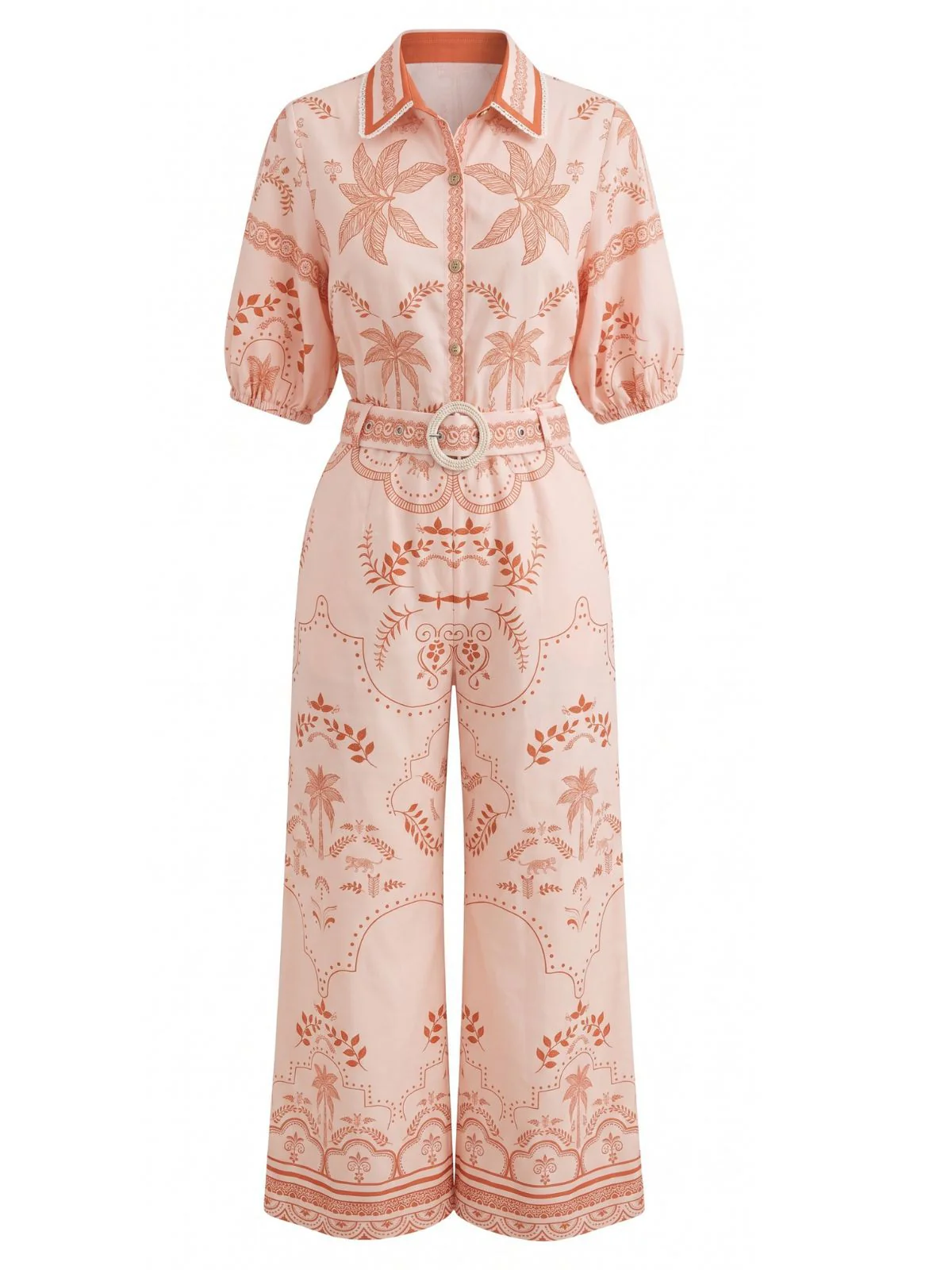 2PCS Orange 1930s Tropical Blouse & Belted Pants - Image 2