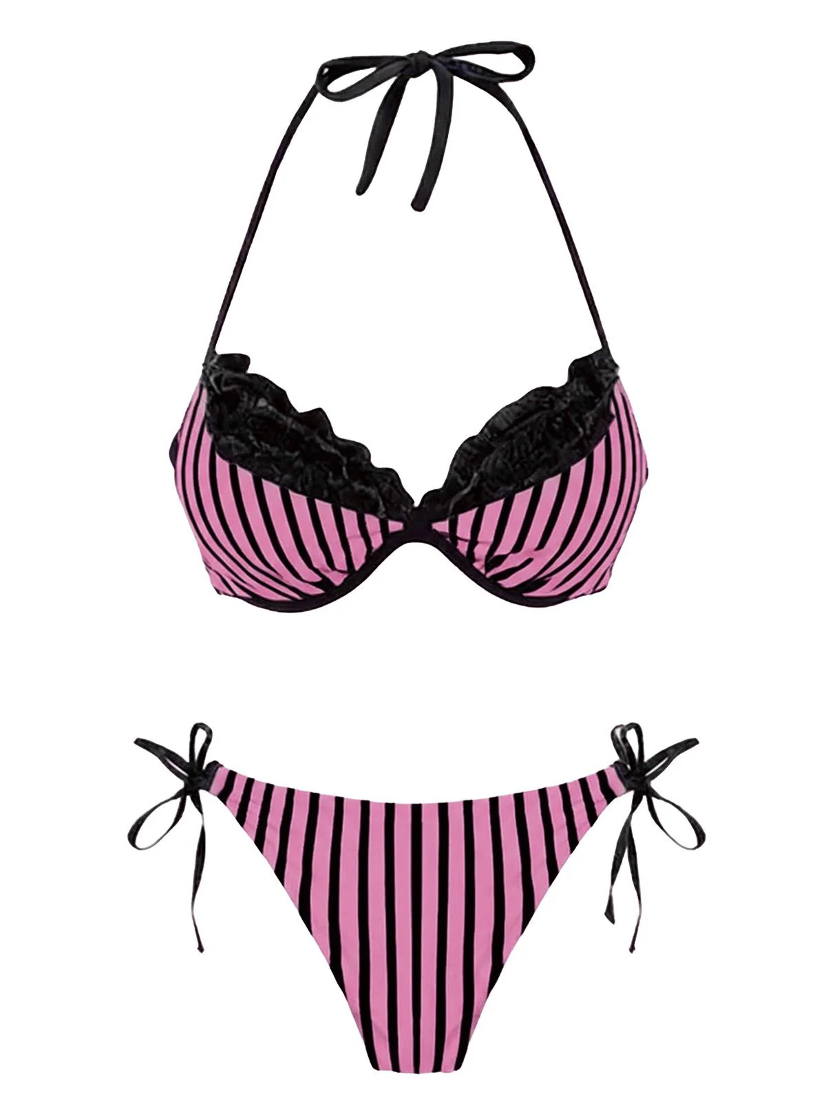 Grey 1960s Striped Mesh Halter Bow Bikini Set - Image 4