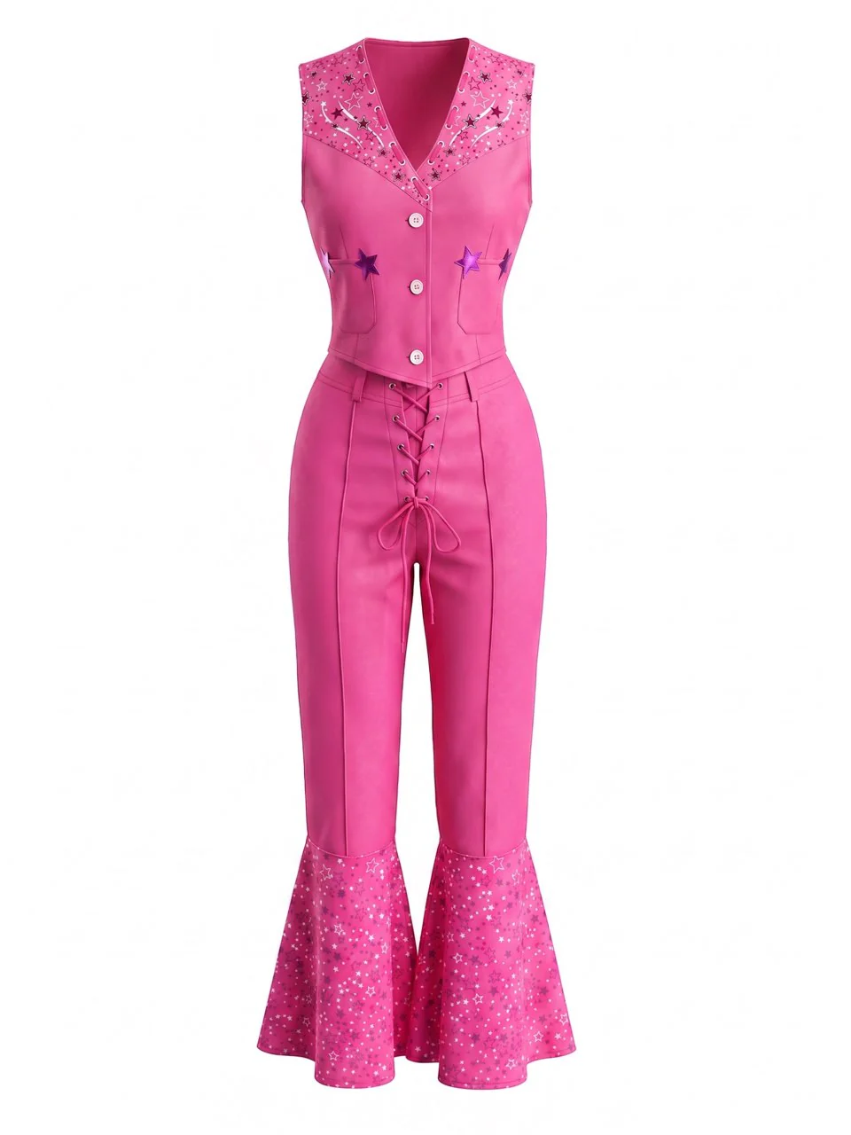 2PCS Pink 1970s Barbie V-Neck Top & Flare Pants - Image 2