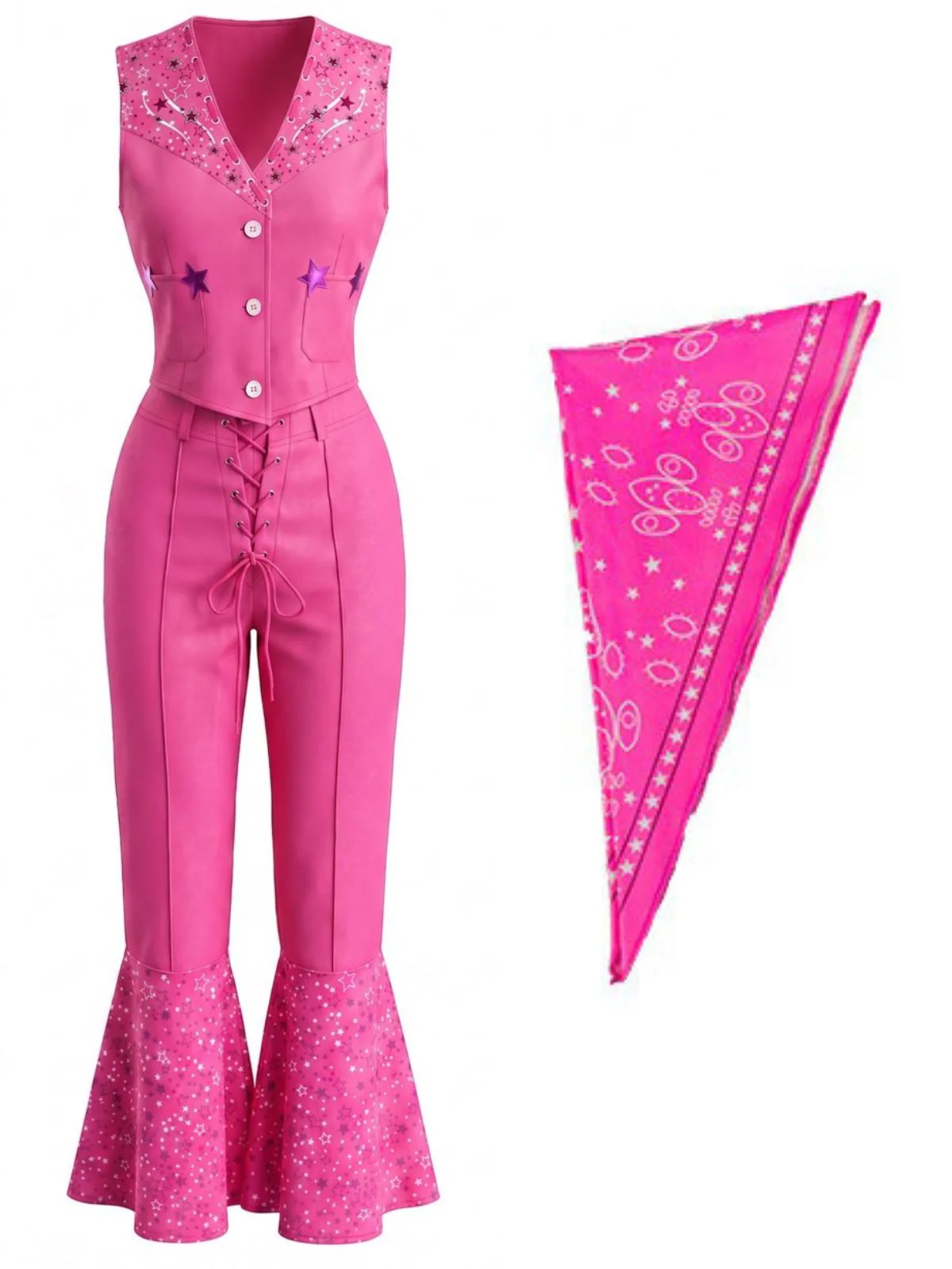 2PCS Pink 1970s Barbie V-Neck Top & Flare Pants - Image 4