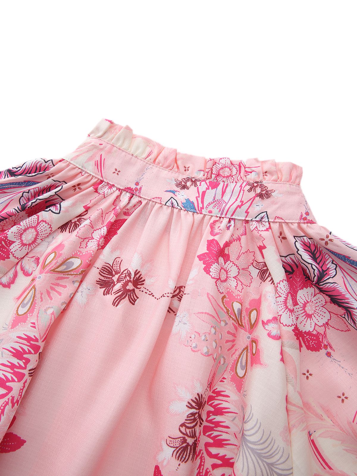 2PCS Pink 1970s Bohemian Floral Blouse & High-Waisted Shorts - Image 5
