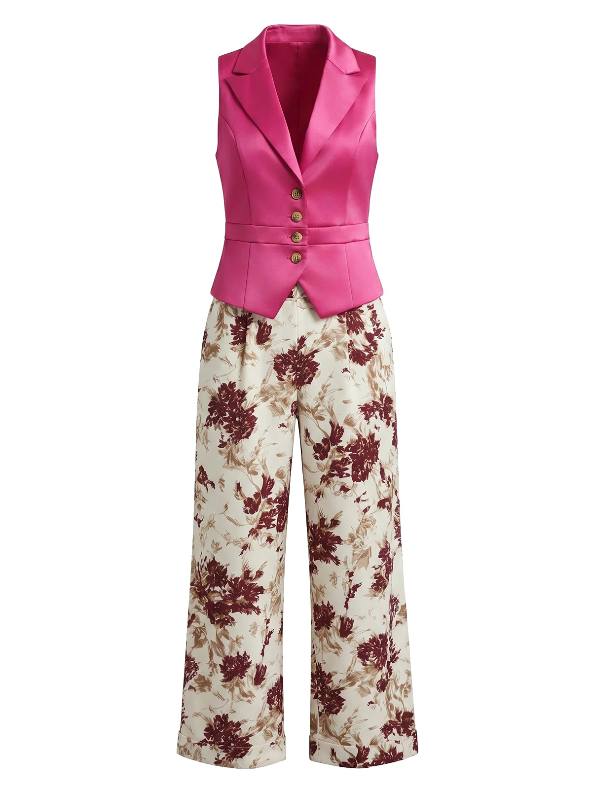 2PCS Purplish Red 1950s Lapel Button Vest & Floral Pants - Image 2