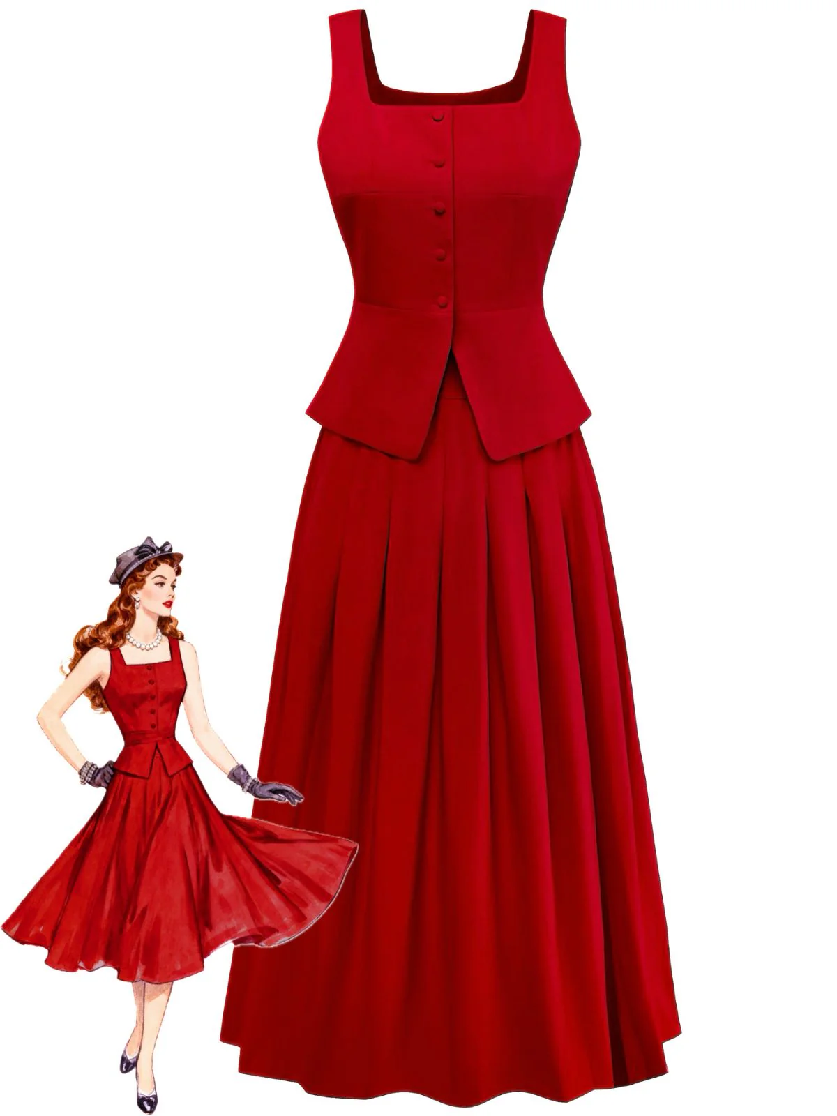 2PCS Red 1940s Square Neck Sleeveless Vest & Skirt
