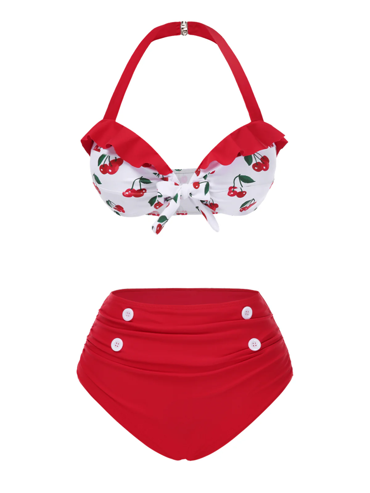 2PCS Red 1950s Cherry Bikini & Tie-Waist Cover up - Image 7
