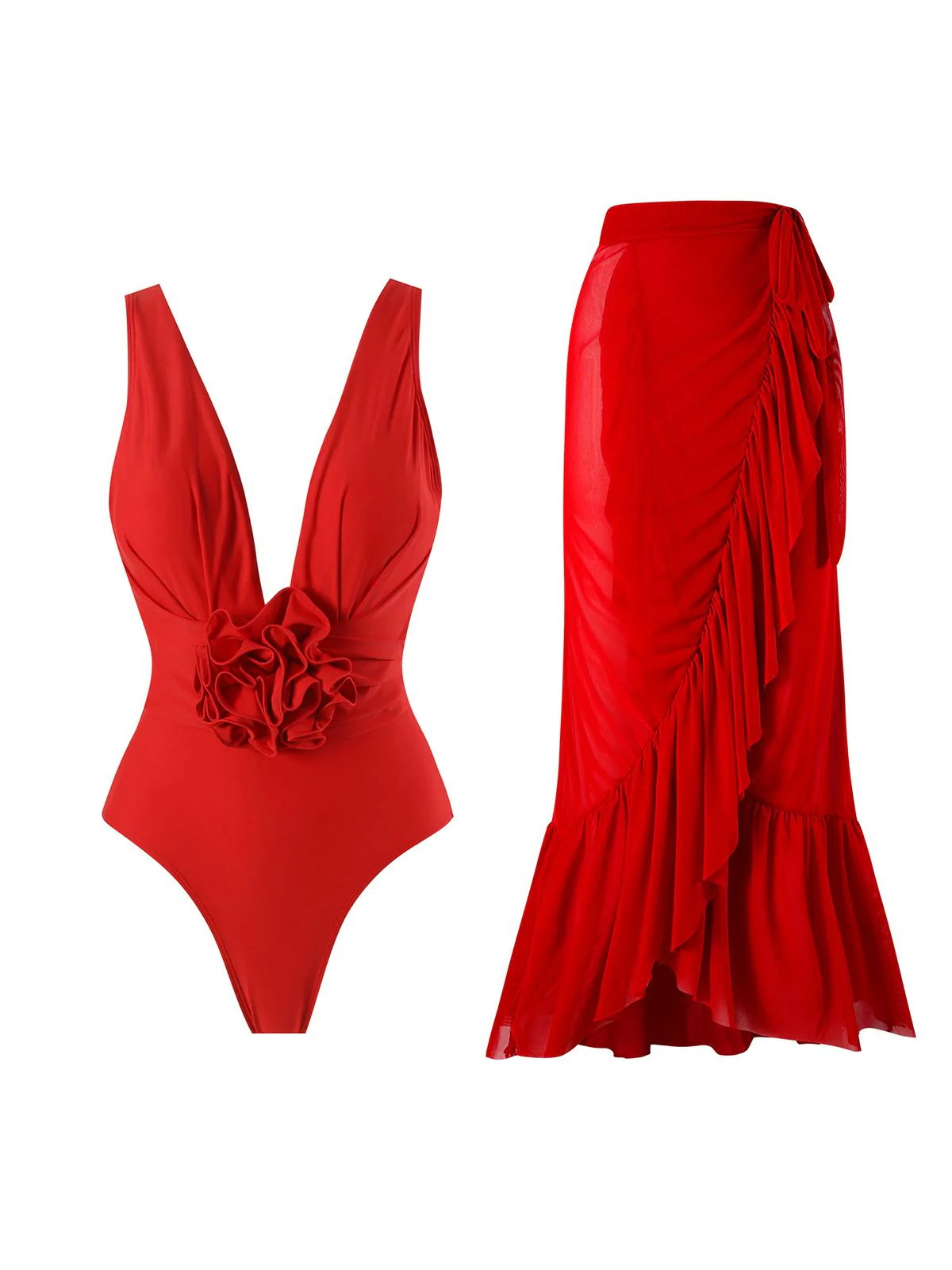 2PCS Red 1960s Solid 3D Flowers Swimsuit & Cover-Up