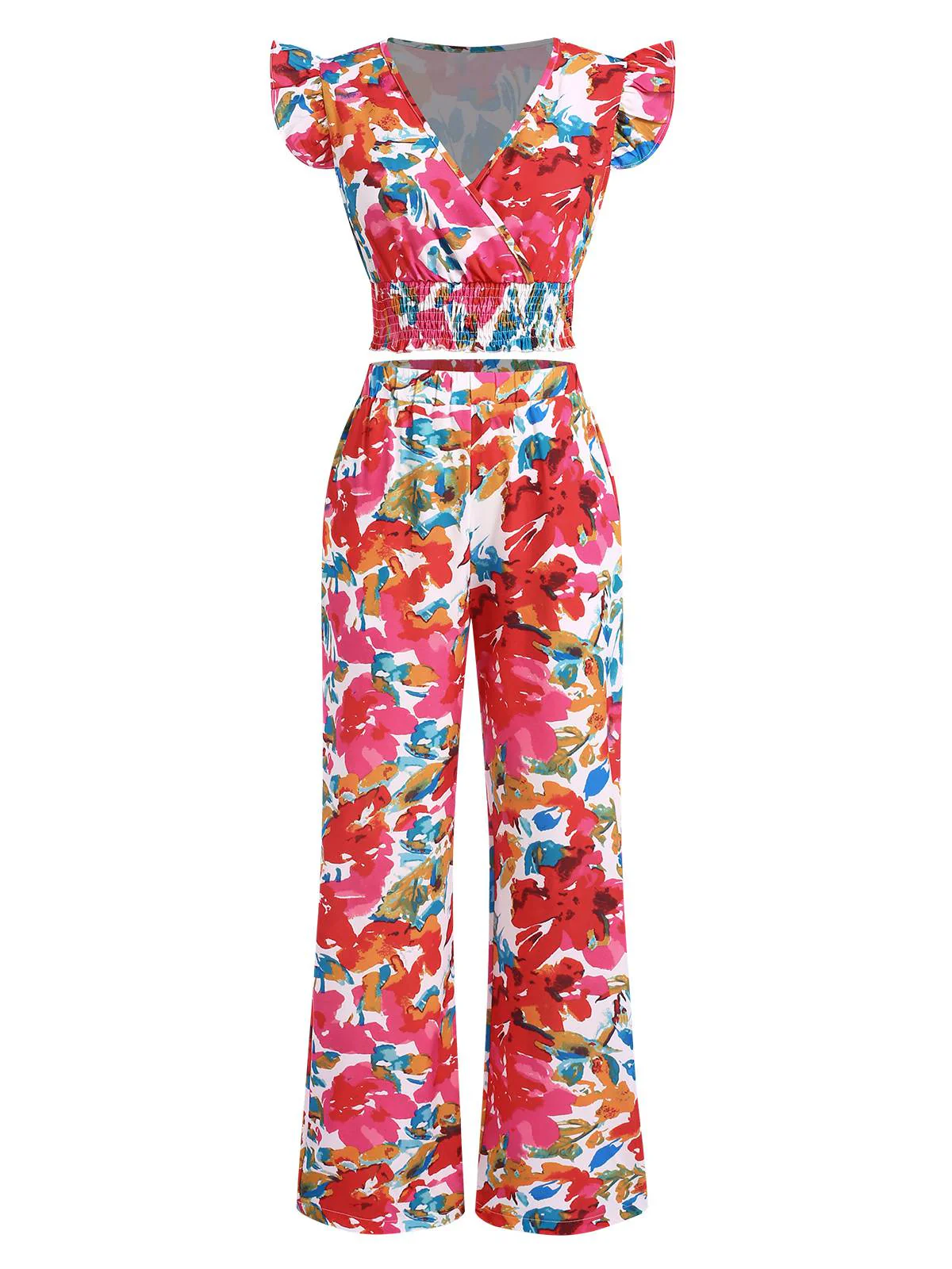 2PCS Red 1970s Flower Ruffled Smocked Top & Wide-Leg Pants