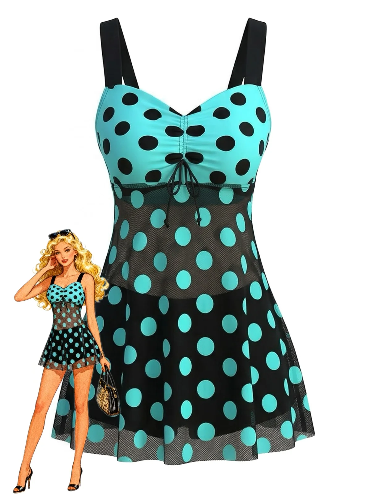 2PCS Turquoise 1980s Polka Dot Mesh Tankini Set
