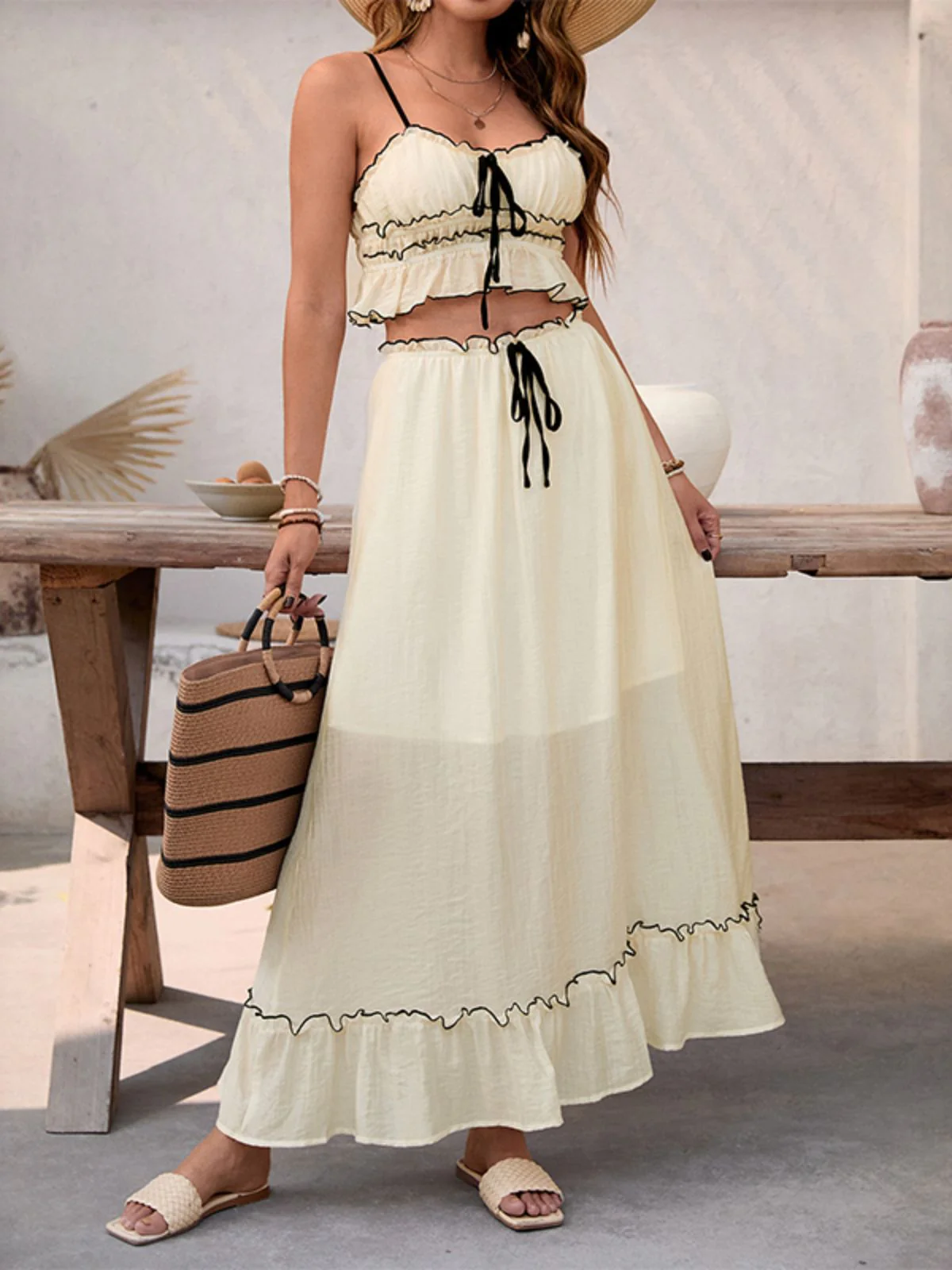 2PCS White 1930s Chiffon Cami & Ruffled Long Skirt