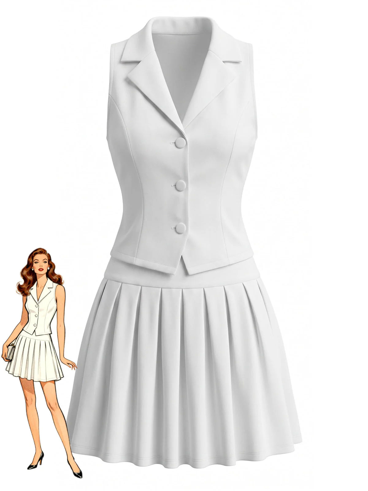 2PCS White 1940s Sleeveless V-Neck Vest & Pleated Skirt
