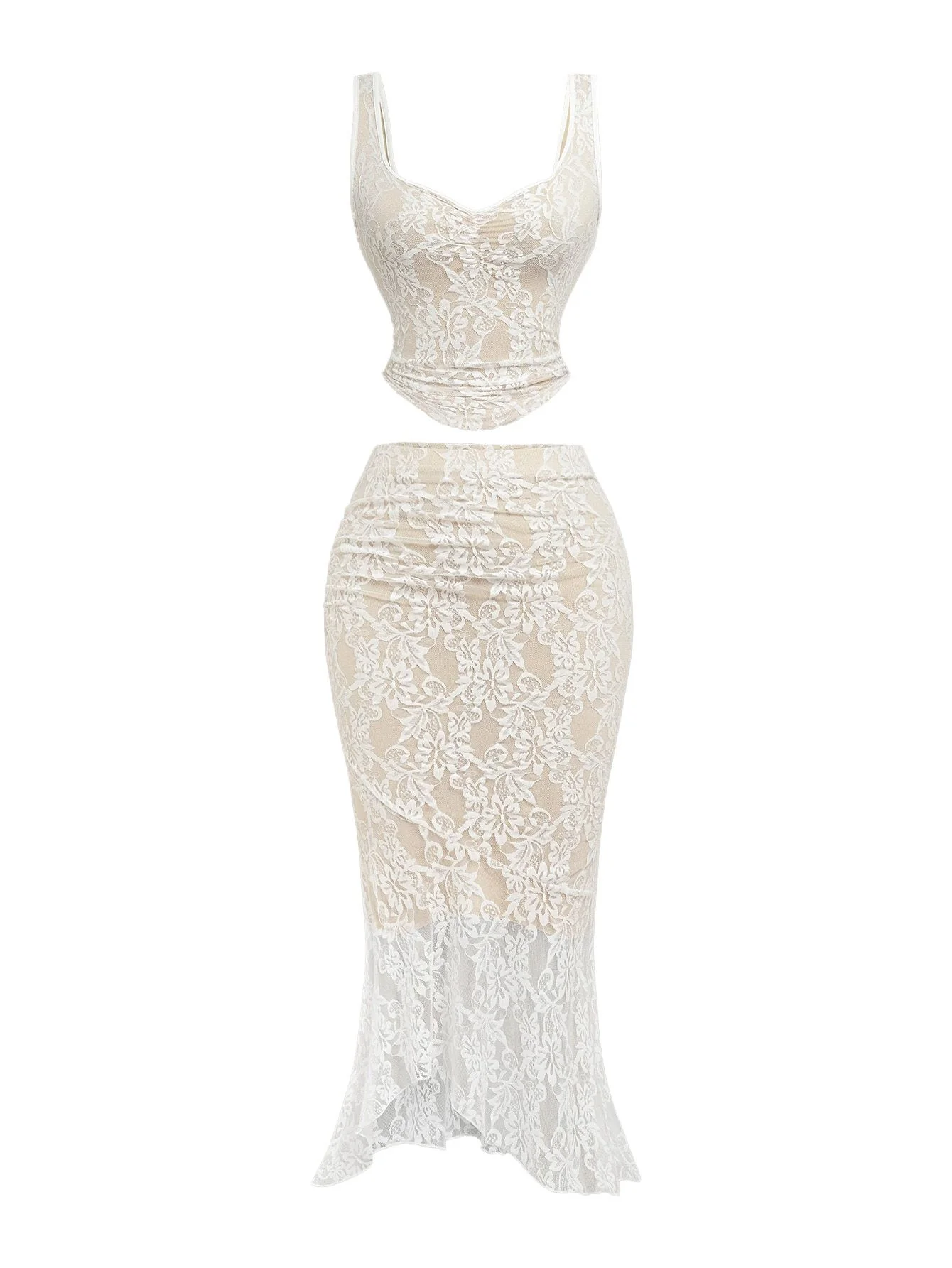 2PCS White 1980s Lace Floral V-Neck Tank & Mermaid Skirt