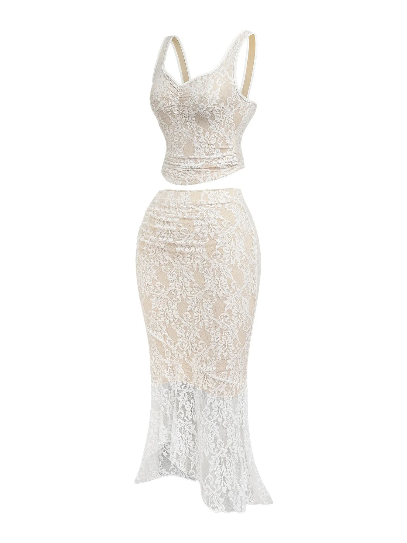 2PCS White 1980s Lace Floral V-Neck Tank & Mermaid Skirt - Image 2