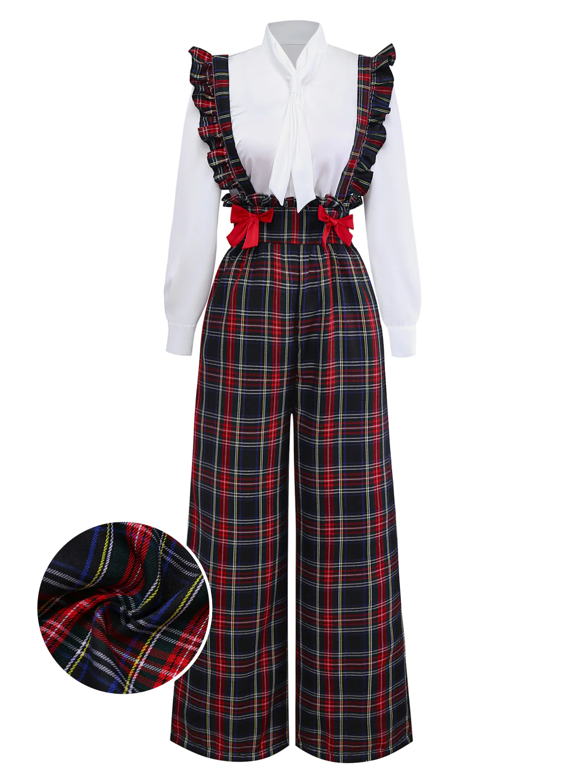 2PCS White & Black 1940s Blouse & Tartan Overall Pants
