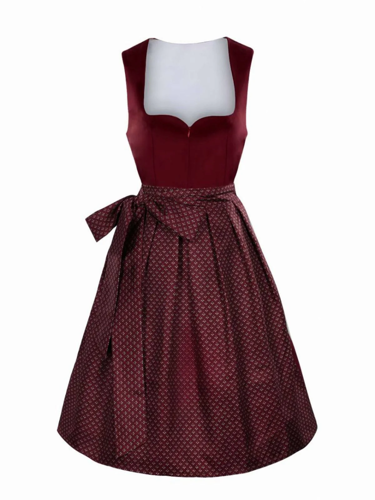 2PCS Wine Red 1950s Ethnic Floral Velvet Dress & Apron
