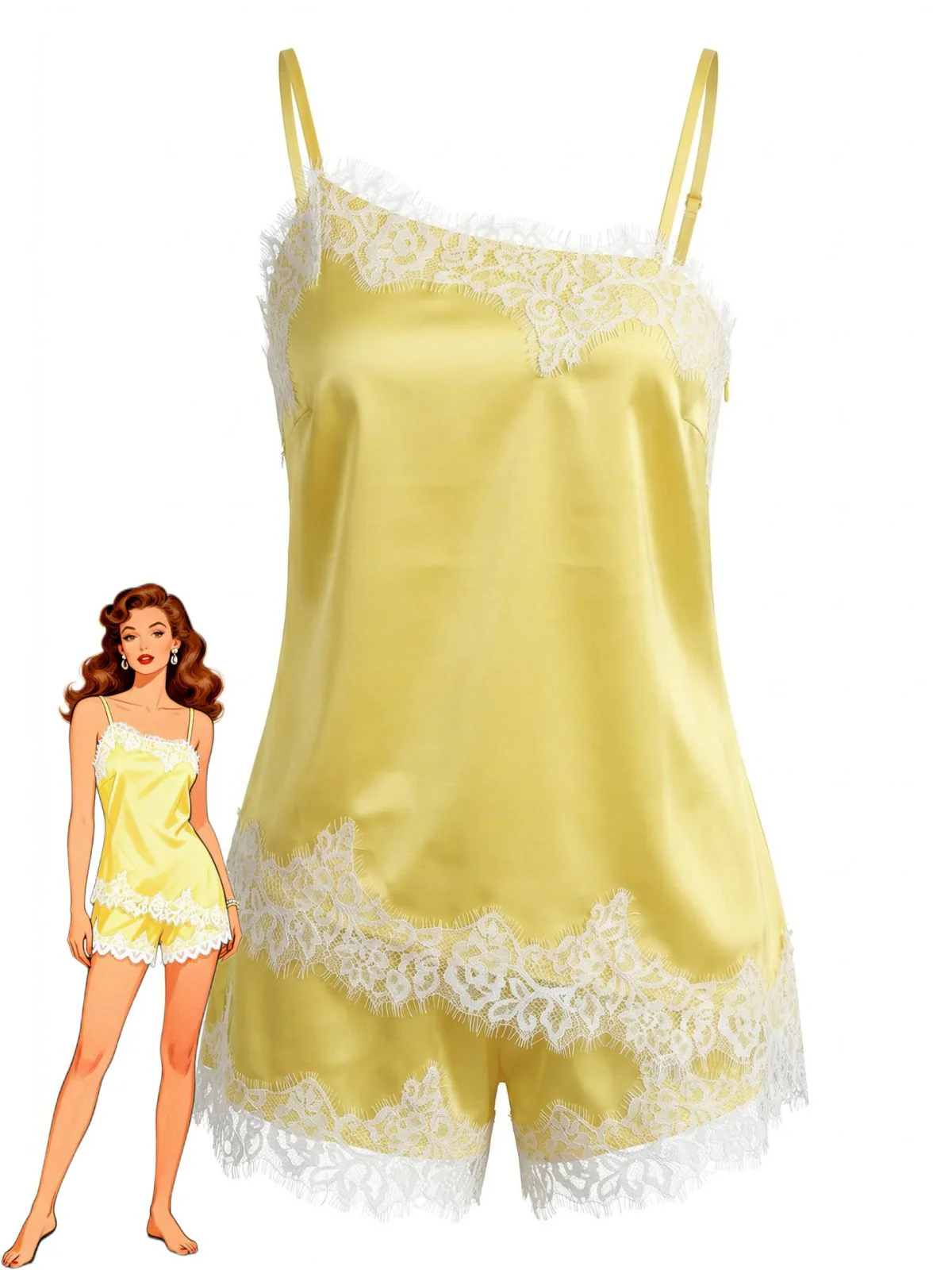 2PCS Yellow 1950s Lace Spaghetti Strap Pajama Set